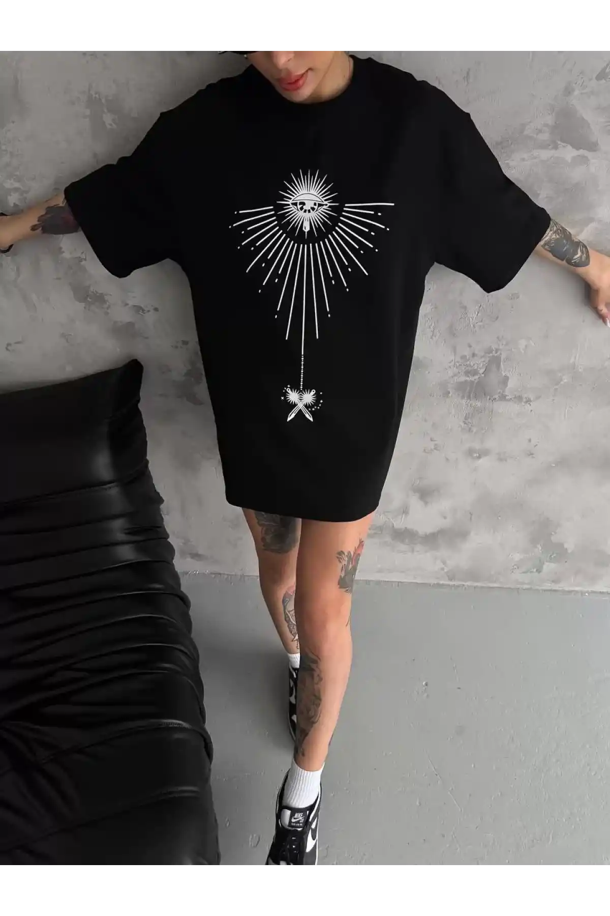 Unisex Bisiklet Yaka Baskılı Oversize T-Shirt - Siyah