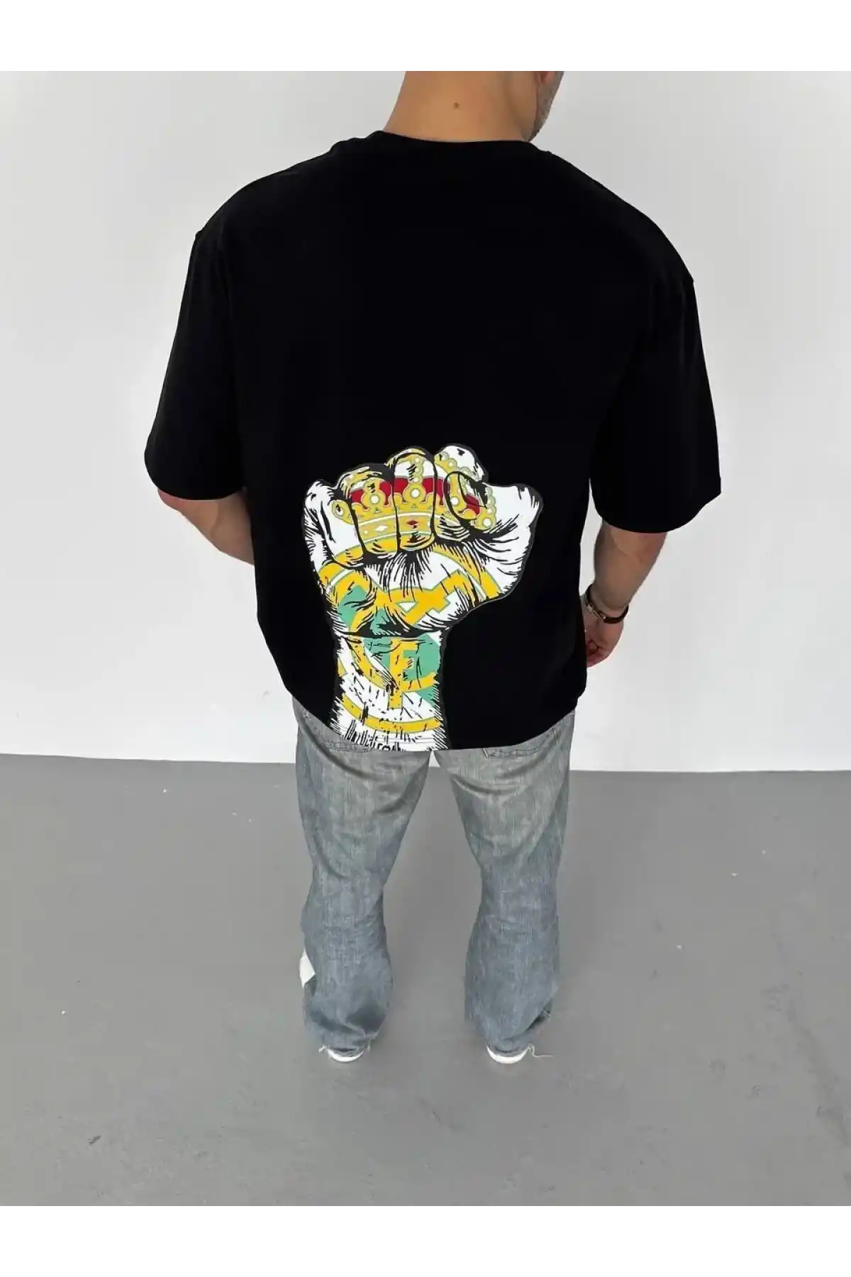 Unisex Bisiklet Yaka Baskılı Oversize T-Shirt - Siyah