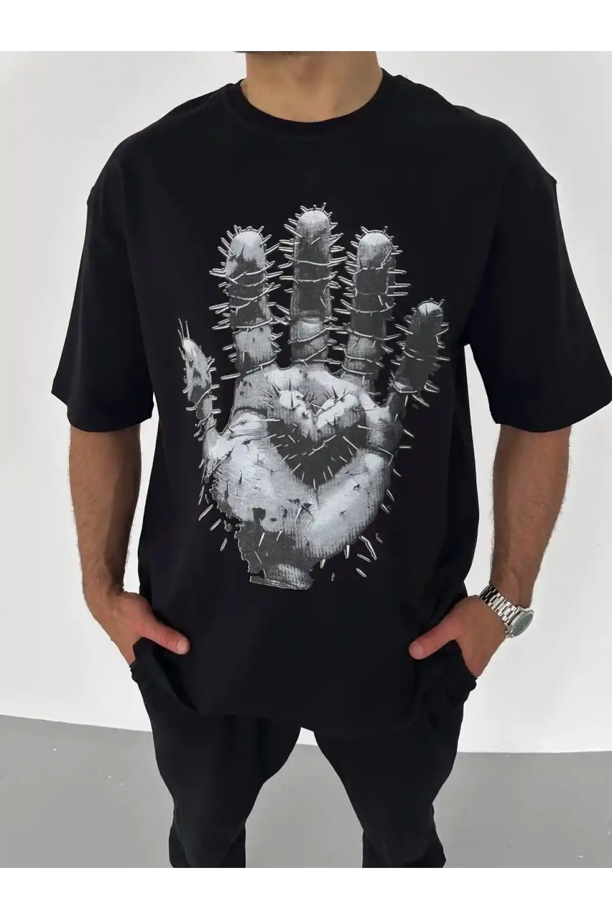 Unisex Bisiklet Yaka Baskılı Oversize T-Shirt - Siyah