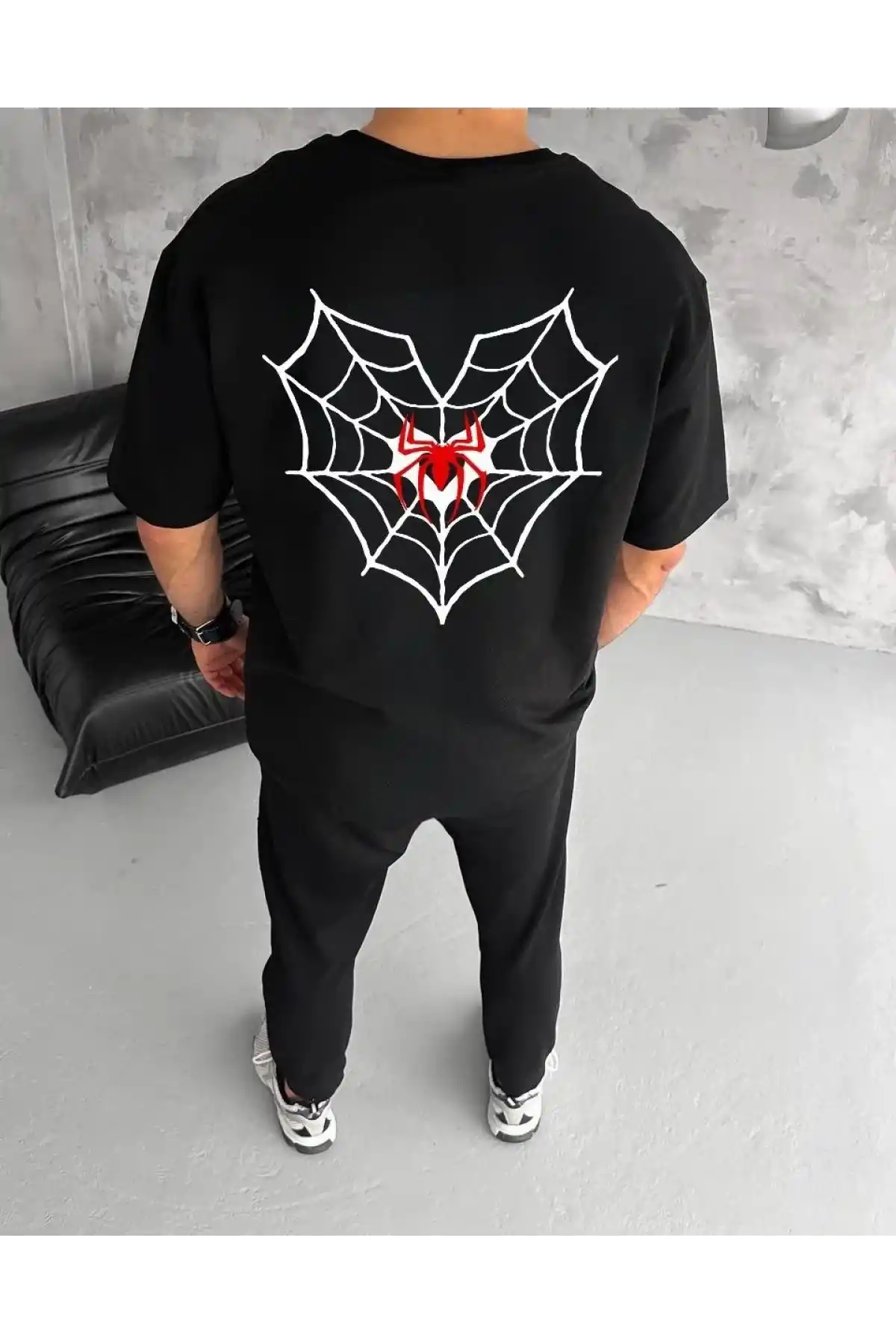 Unisex Bisiklet Yaka Baskılı Oversize T-Shirt - Siyah