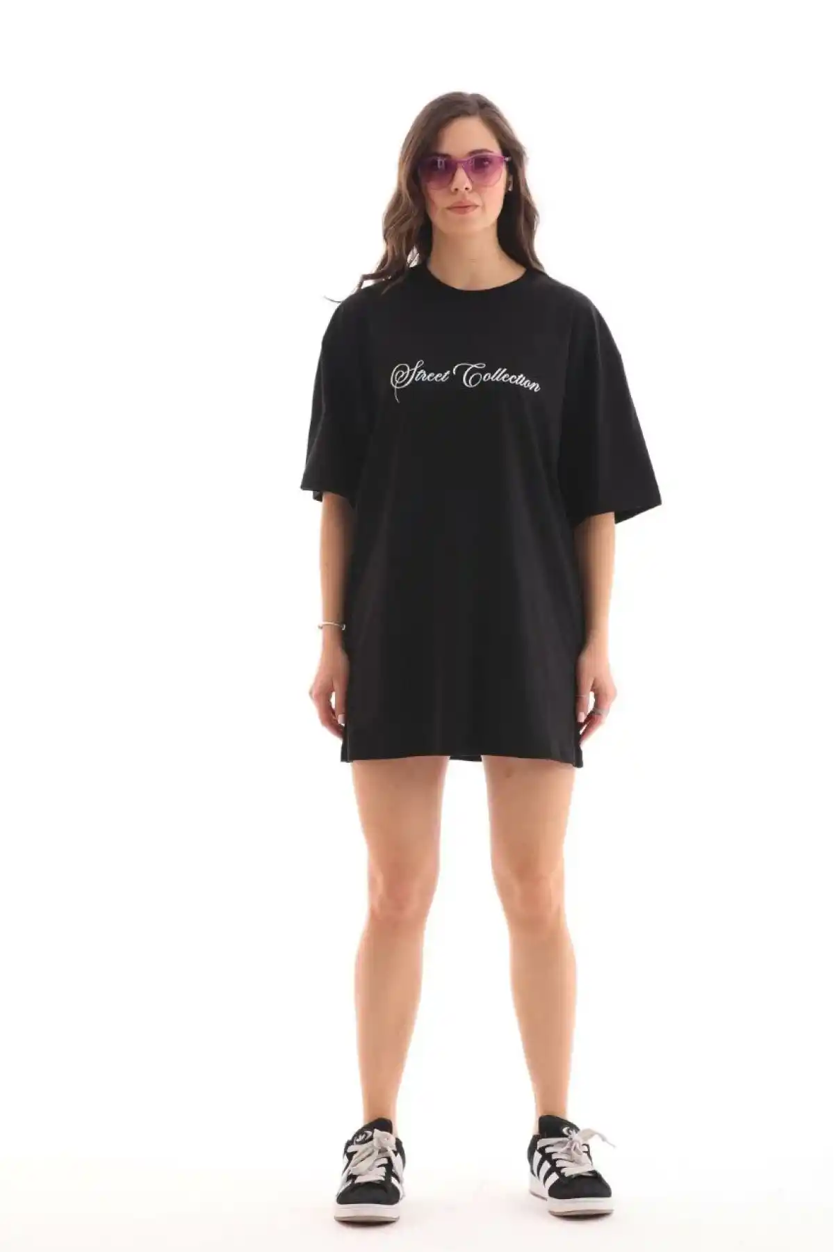 Kadın Baskılı T-Shirt Kısa Kol Bisiklet Yaka Ovarsize Rahat Kalıp Günlük Tişört - Siyah