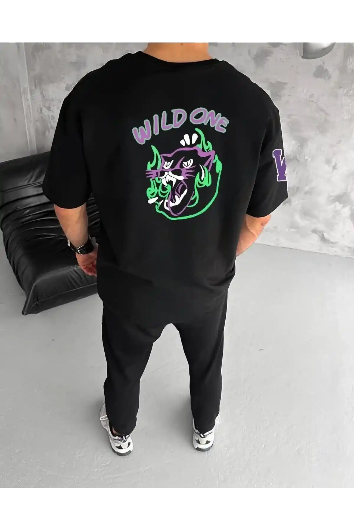 Unisex Bisiklet Yaka Baskılı Oversize T-Shirt - Siyah