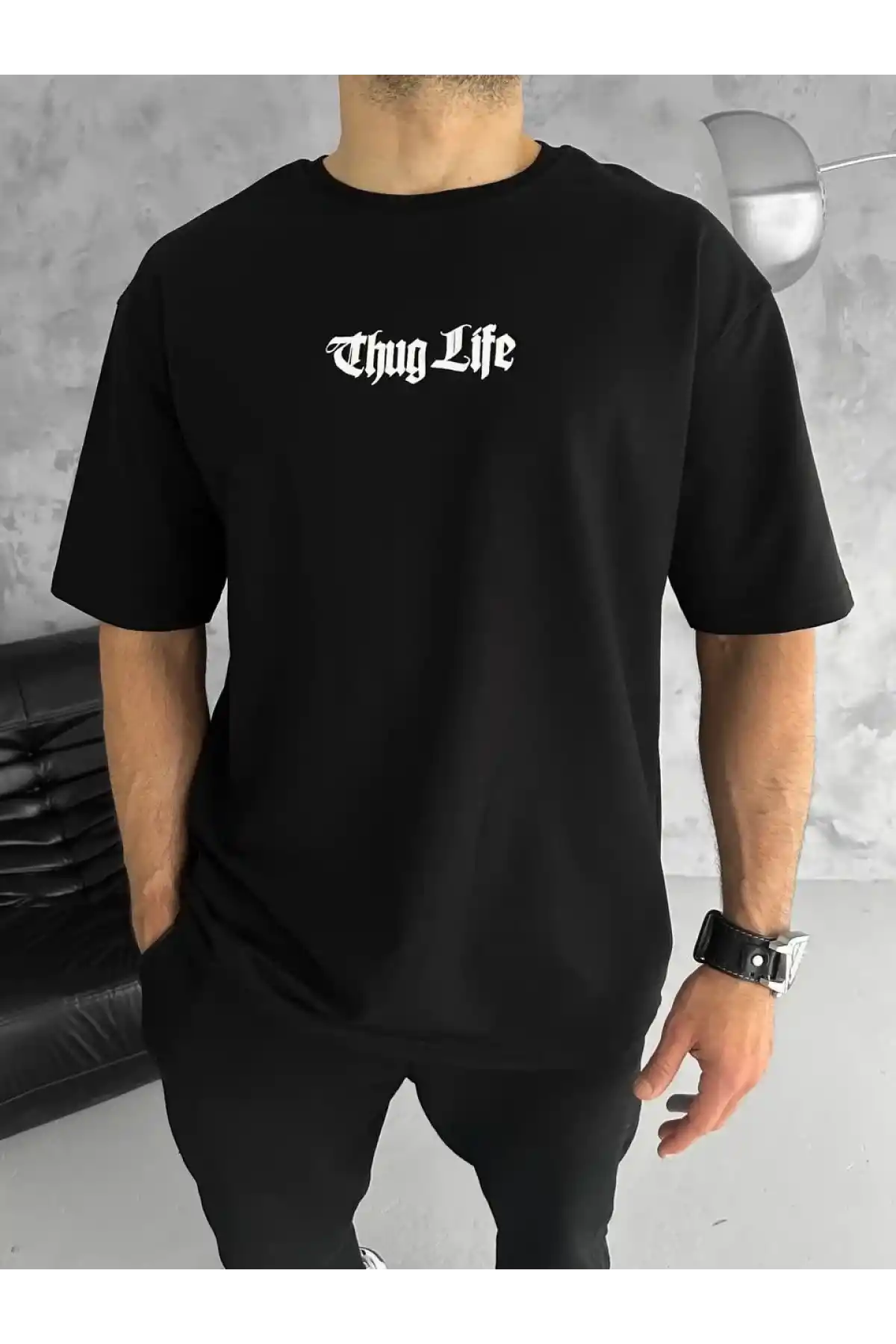 Unisex Bisiklet Yaka Baskılı Oversize T-Shirt - Siyah