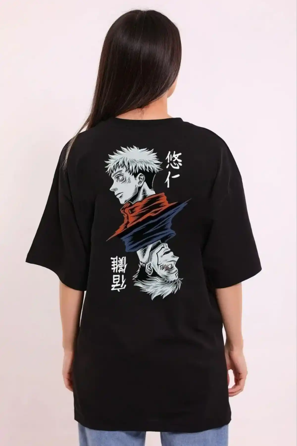 kadın  Bisiklet Yaka Baskılı Oversize T-Shirt - Siyah