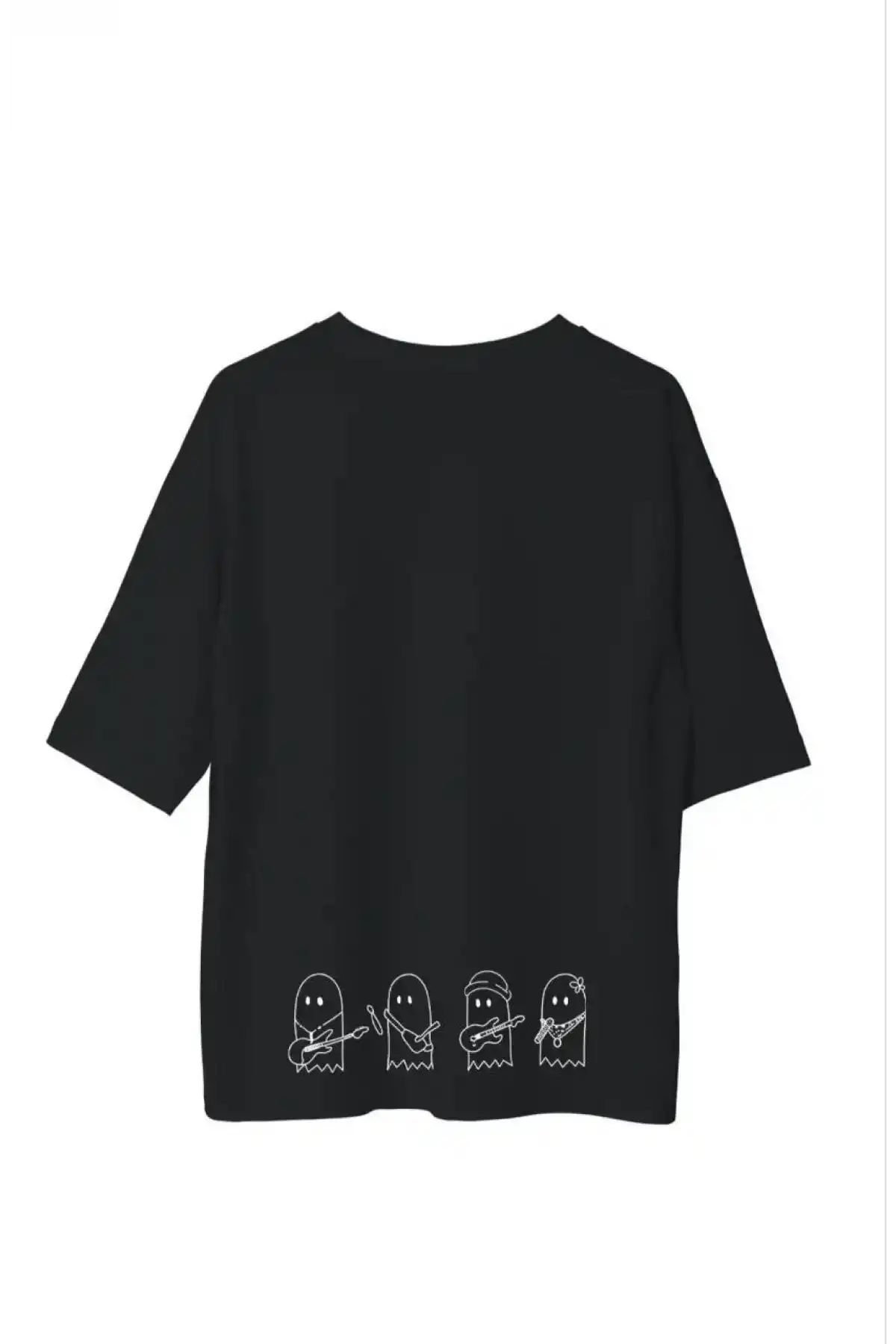 Unisex Bisiklet Yaka Baskılı Oversize T-Shirt - Siyah