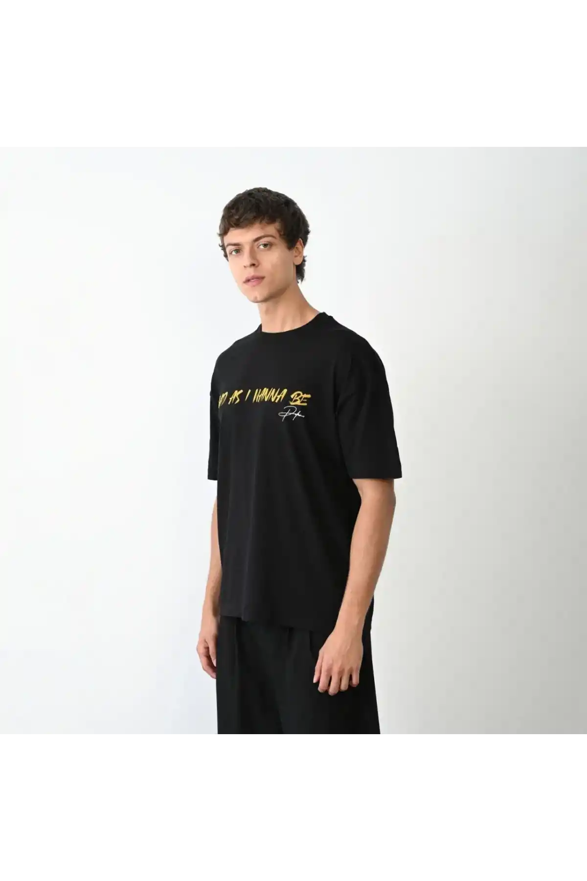 Unisex Bisiklet Yaka Baskılı Oversize T-Shirt - Siyah