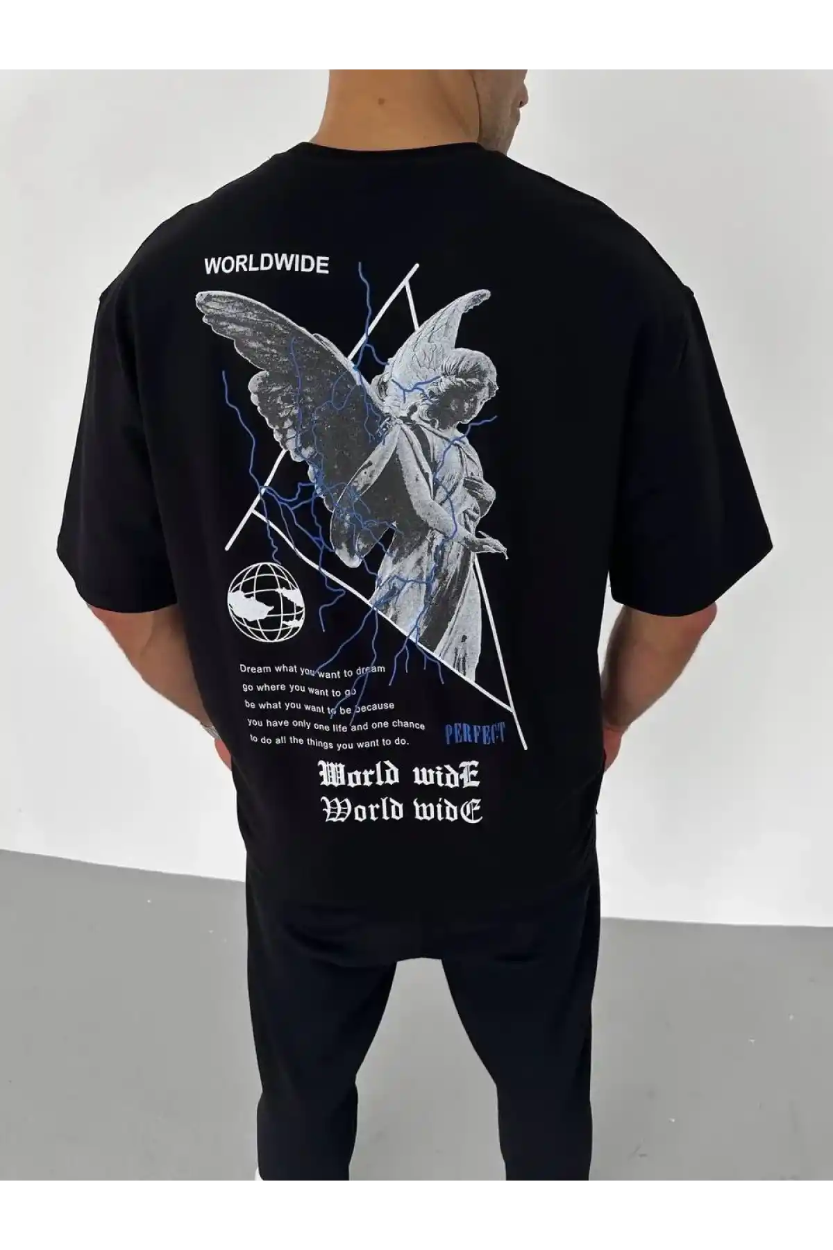 Unisex Bisiklet Yaka Baskılı Oversize T-Shirt - Siyah