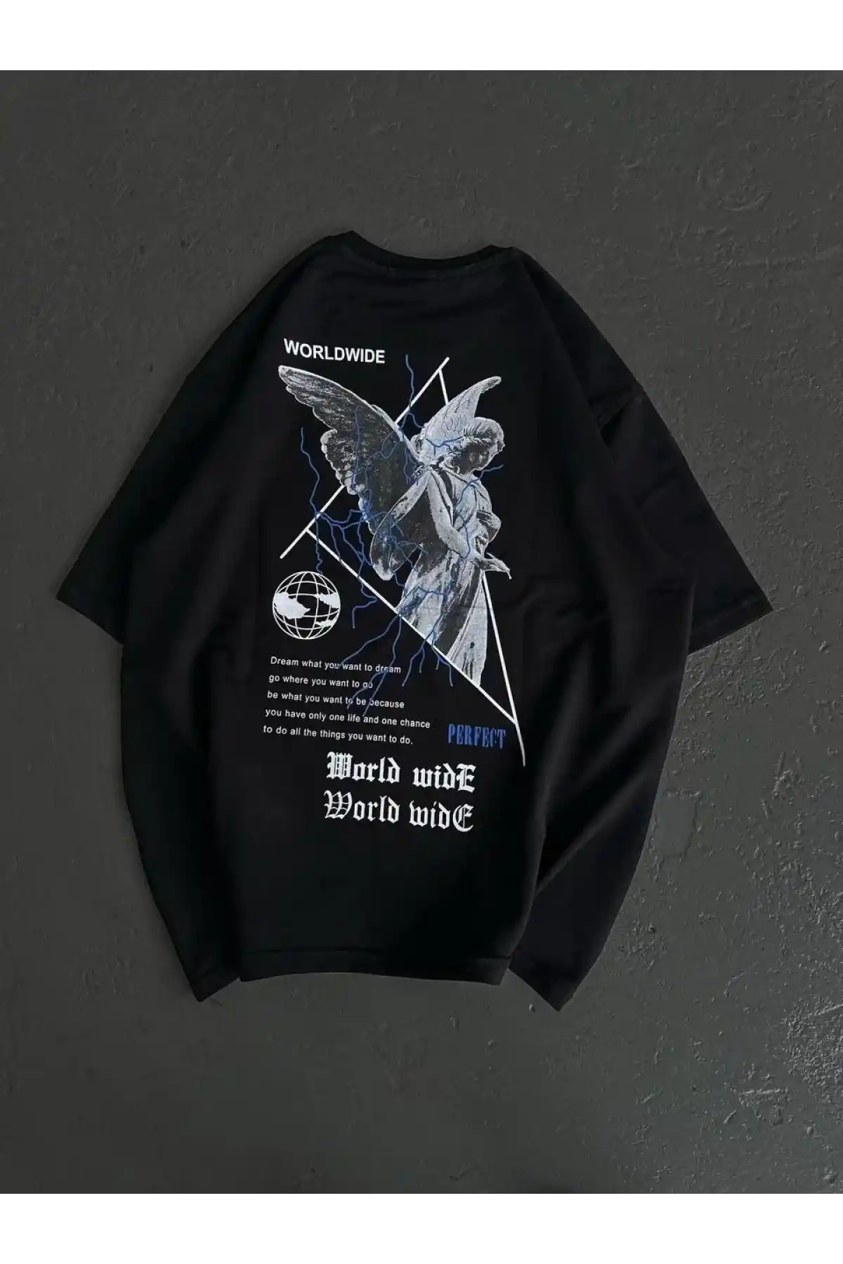 kadın Bisiklet Yaka Baskılı Oversize T-Shirt - Siyah