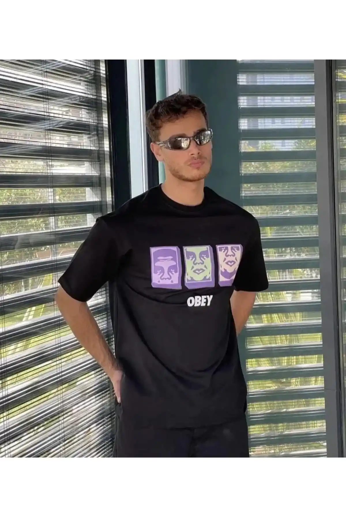 Unisex Bisiklet Yaka Baskılı Oversize T-Shirt - Siyah