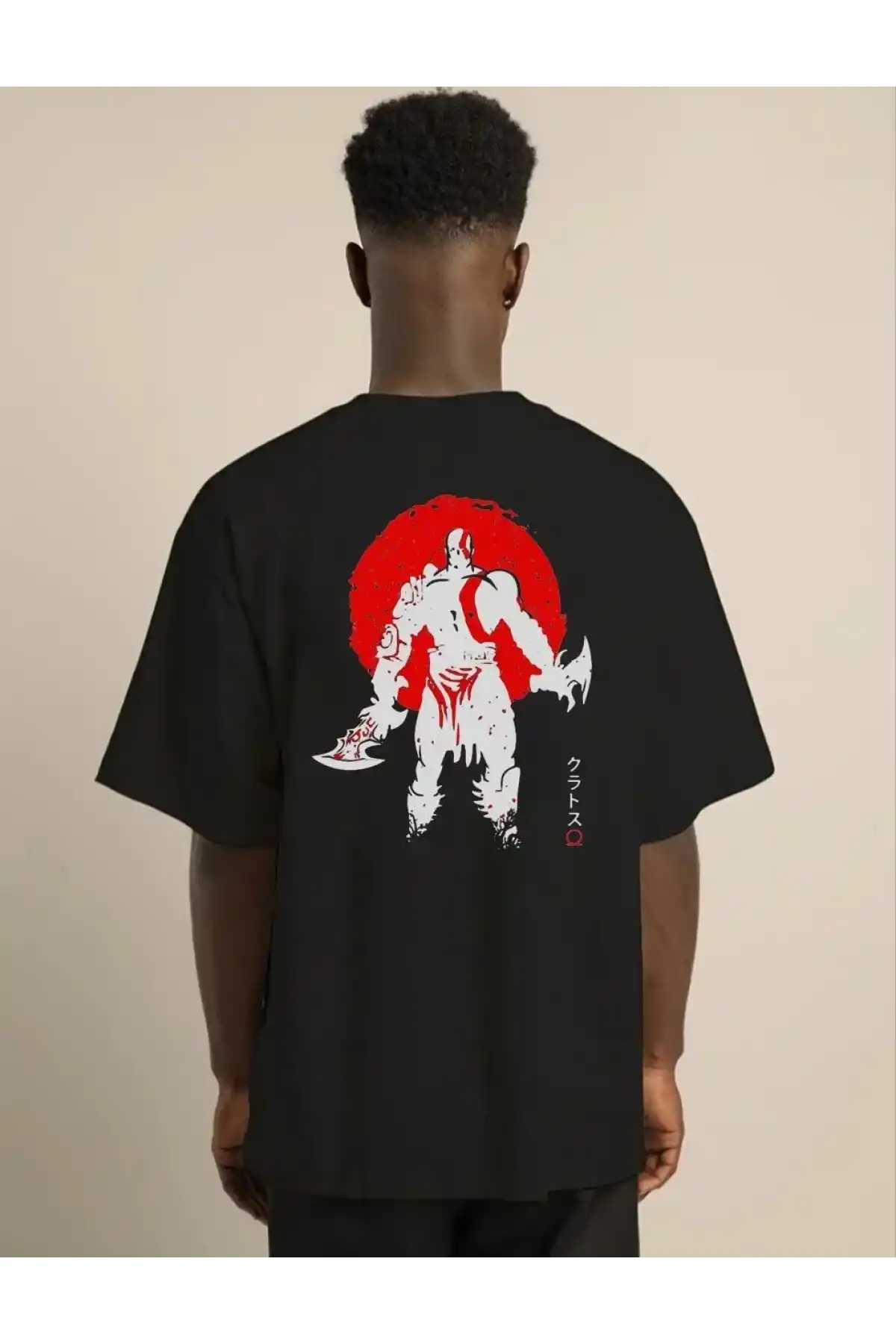 Unisex Bisiklet Yaka Baskılı Oversize T-Shirt - Siyah