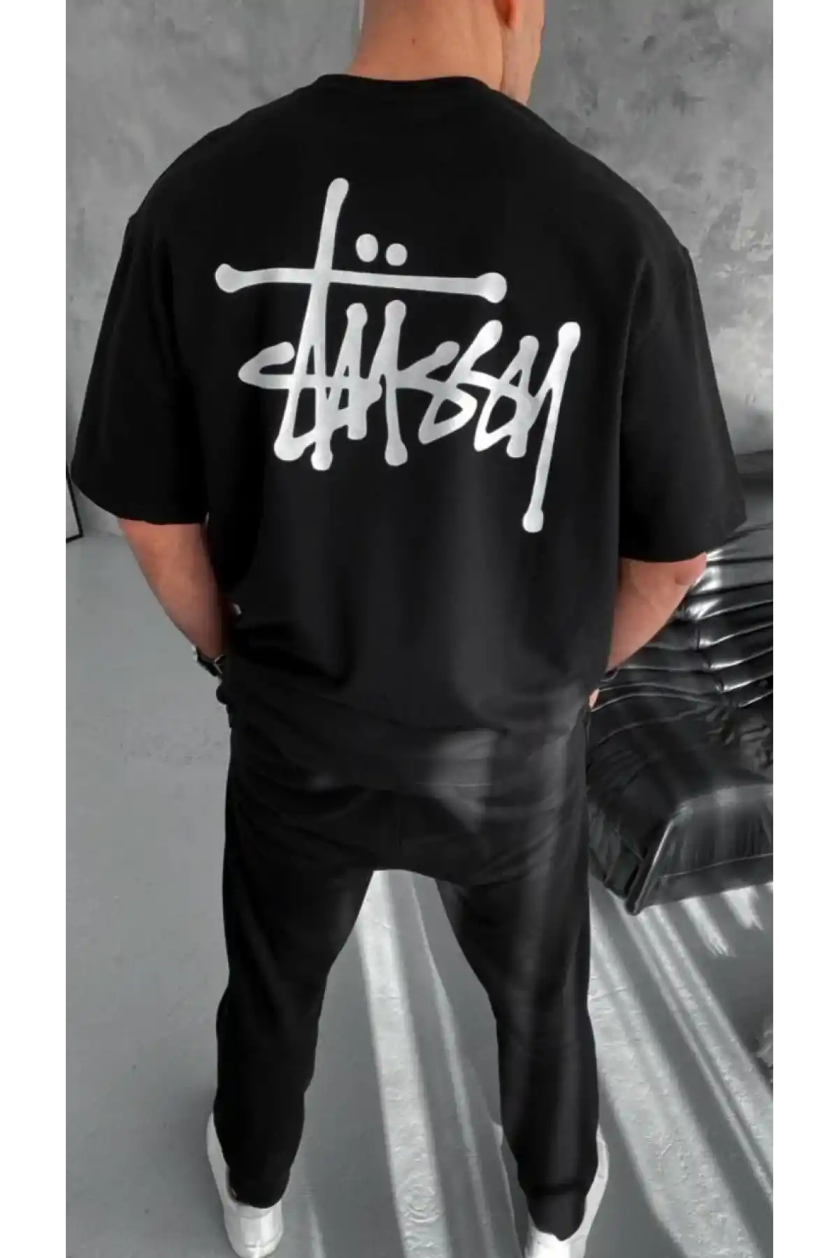 Unisex Bisiklet Yaka Baskılı Oversize T-Shirt - Siyah