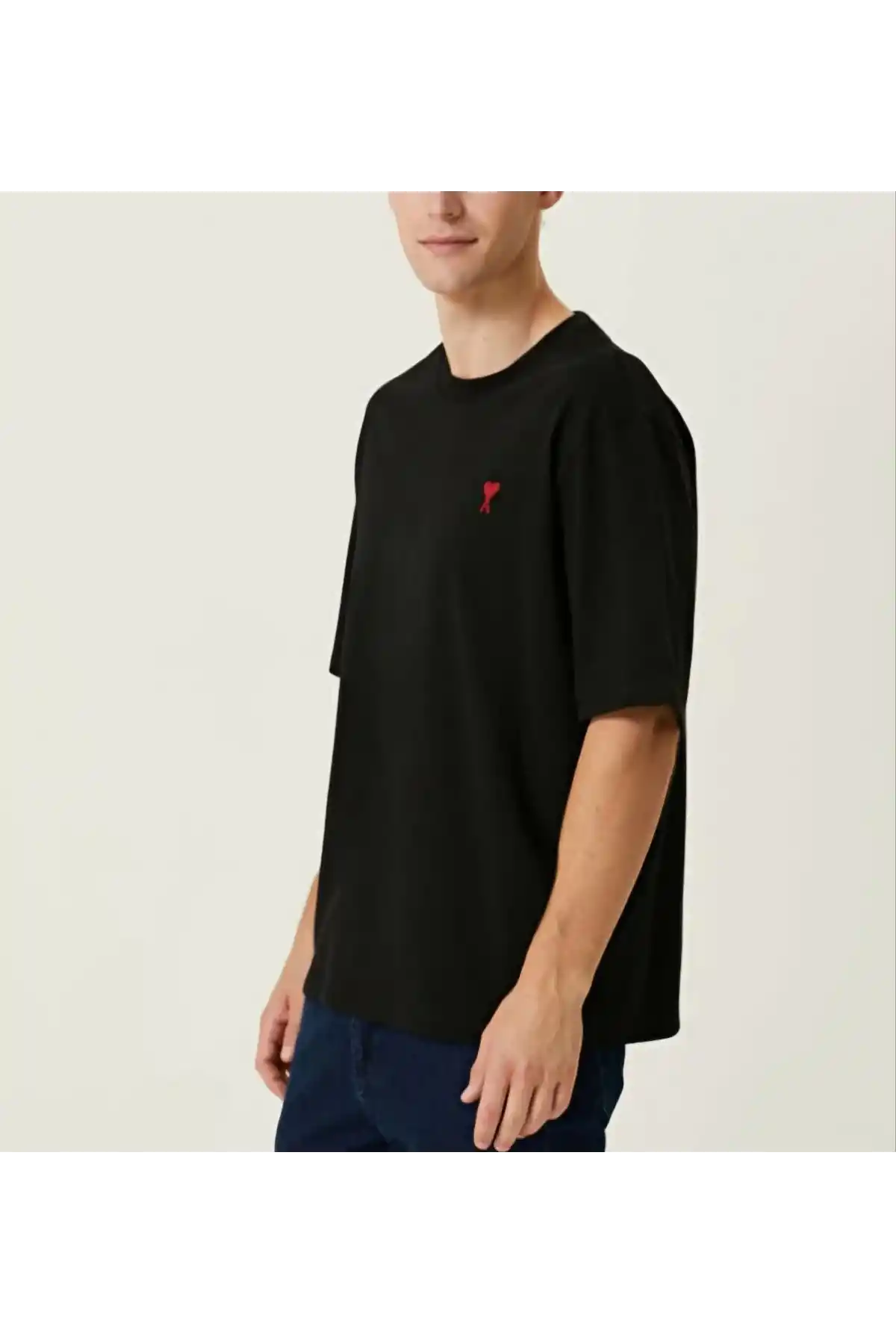 Unisex Bisiklet Yaka Baskılı Oversize T-Shirt - Siyah