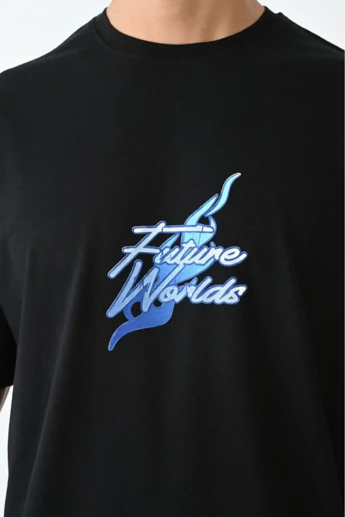 ERKEK Bisiklet Yaka Baskılı Oversize T-Shirt - Siyah