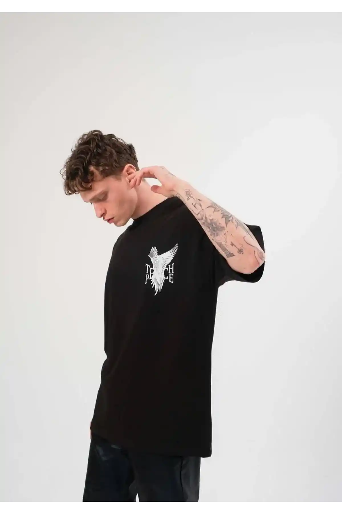 Unisex Bisiklet Yaka Baskılı Oversize T-Shirt - Siyah