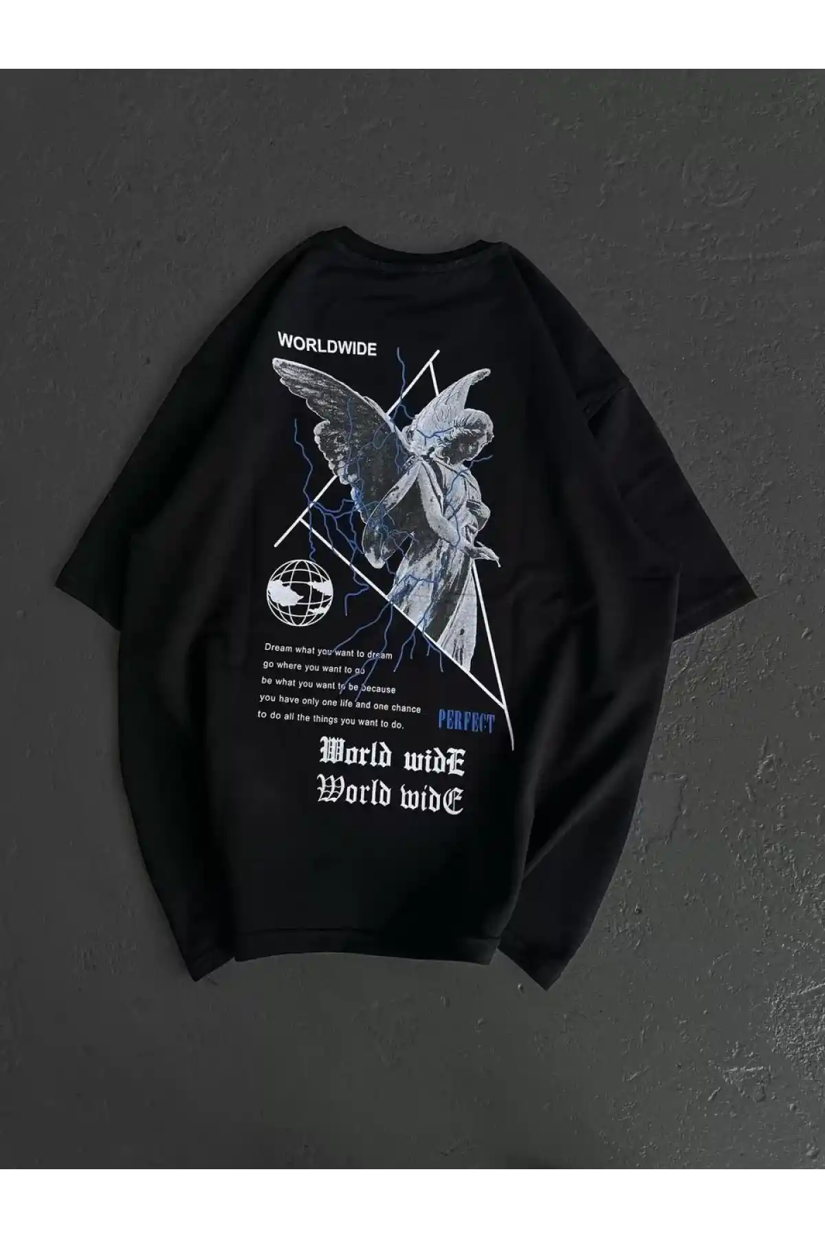 Unisex Bisiklet Yaka Baskılı Oversize T-Shirt - Siyah