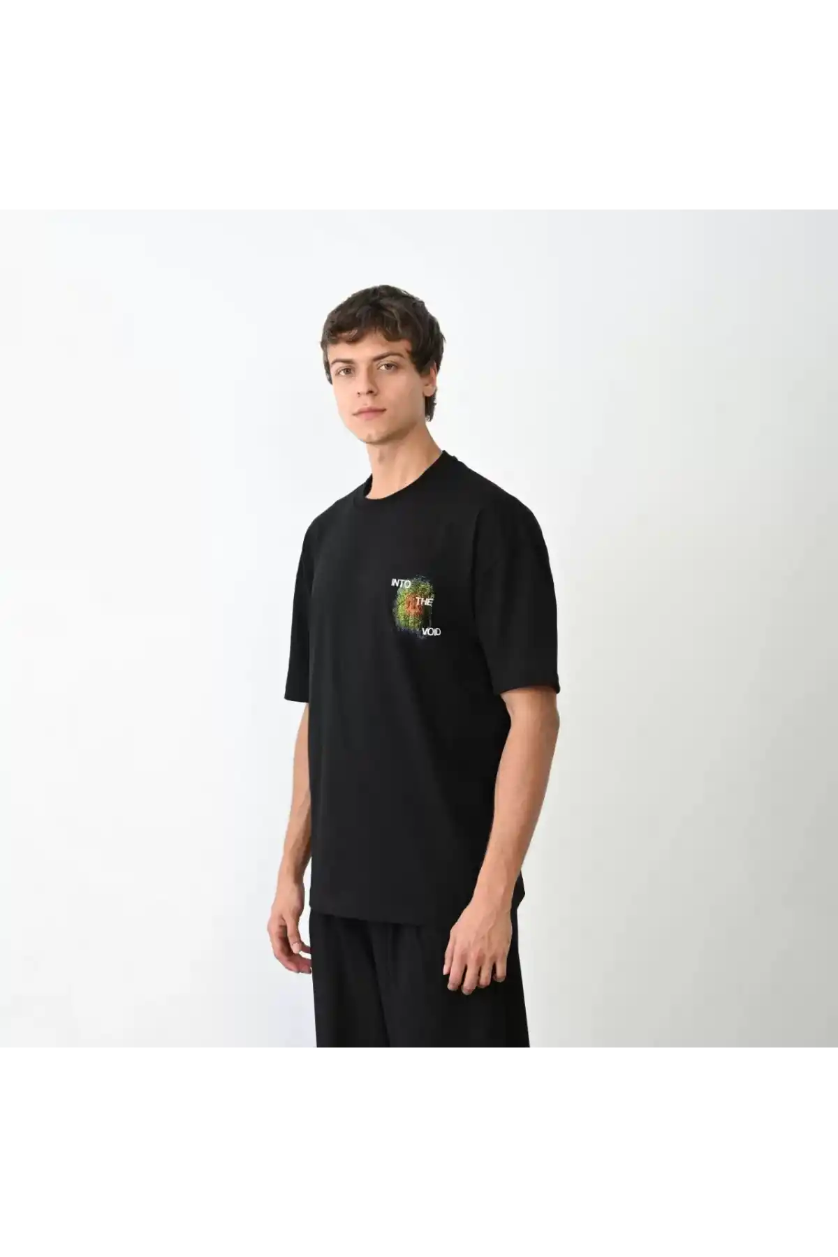 Unisex Bisiklet Yaka Baskılı Oversize T-Shirt - Siyah