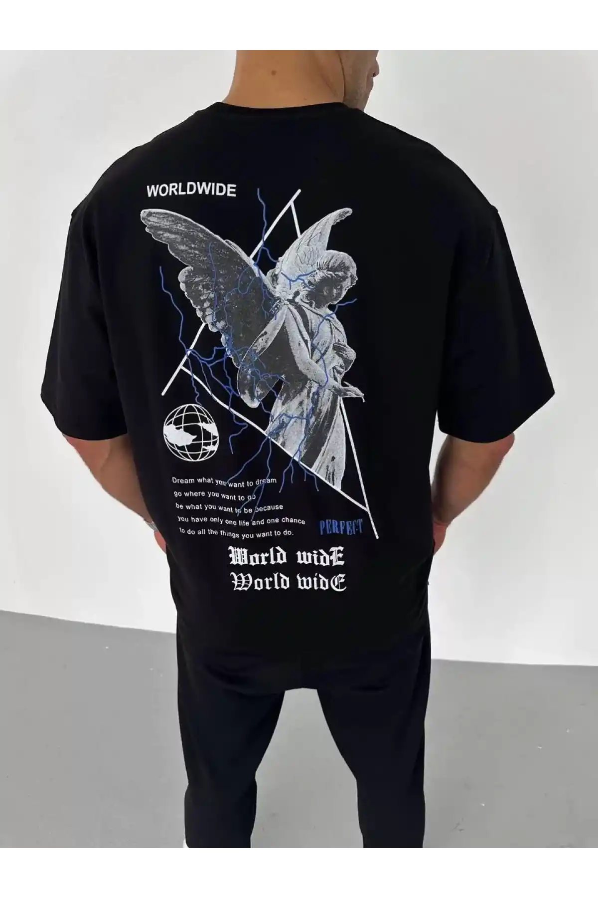 Unisex Bisiklet Yaka Baskılı Oversize T-Shirt - Siyah