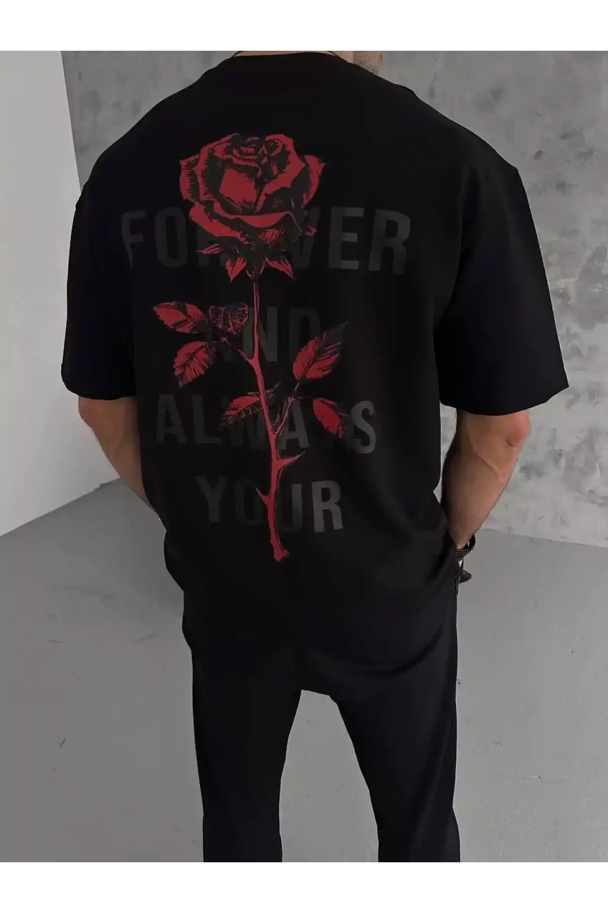 Unisex Bisiklet Yaka Baskılı Oversize T-Shirt - Siyah