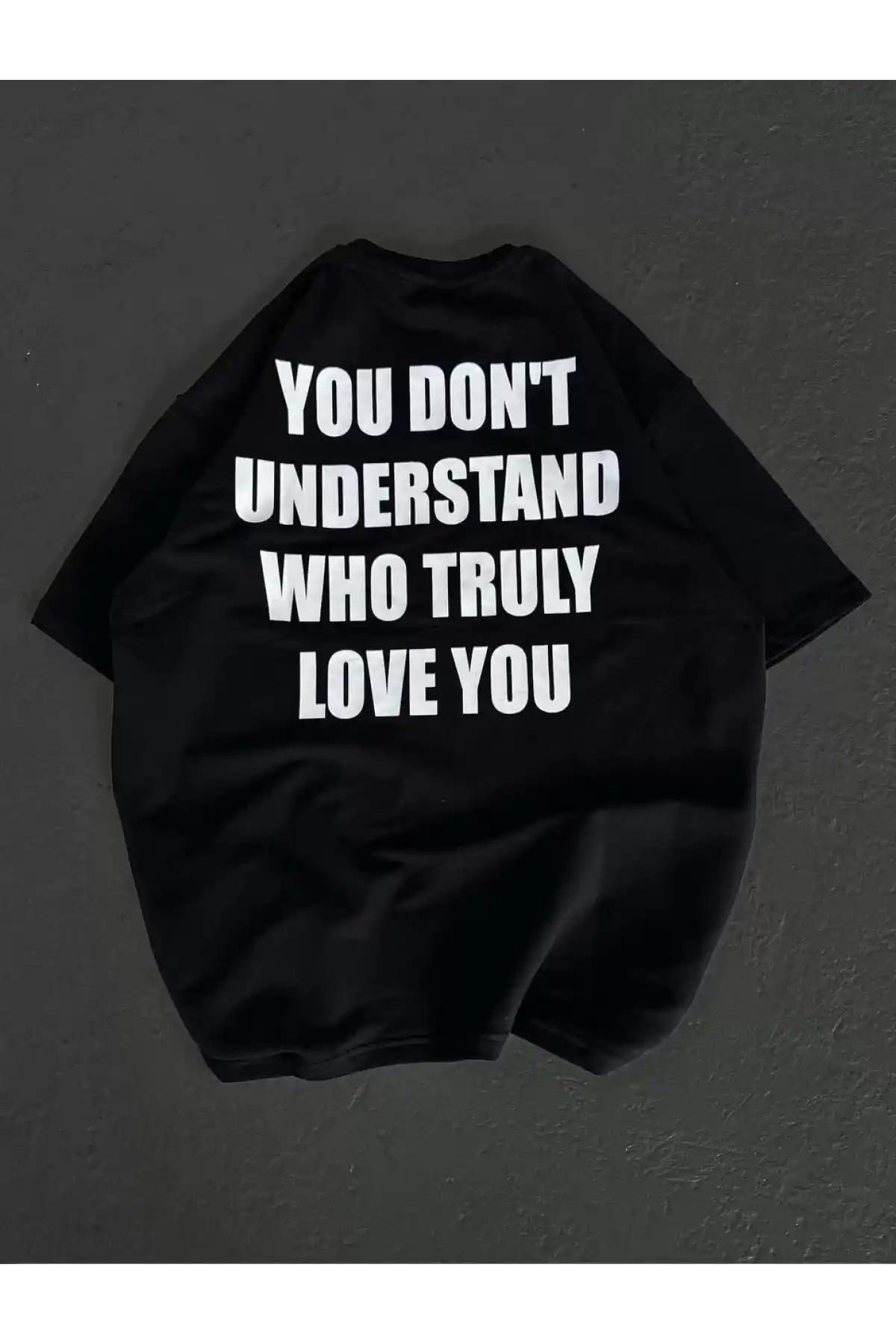 Unisex Bisiklet Yaka Baskılı Oversize T-Shirt - Siyah