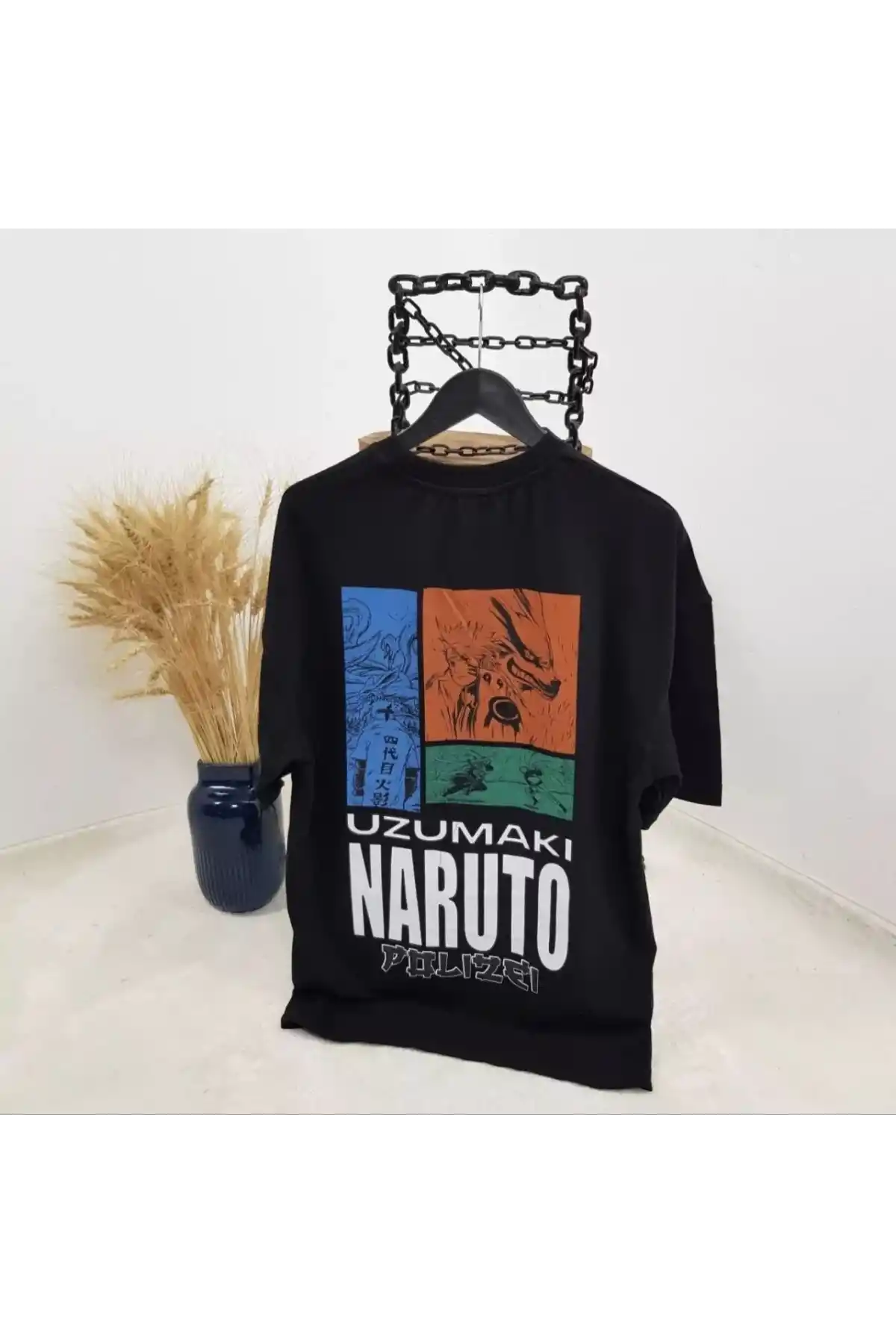 Unisex Bisiklet Yaka Baskılı Oversize T-Shirt - Siyah