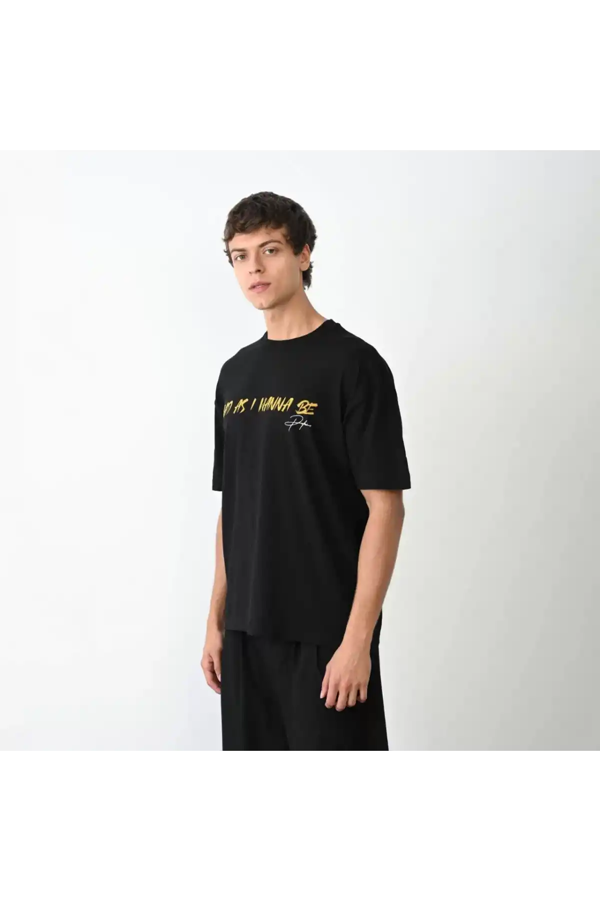 Unisex Bisiklet Yaka Baskılı Oversize T-Shirt - Siyah