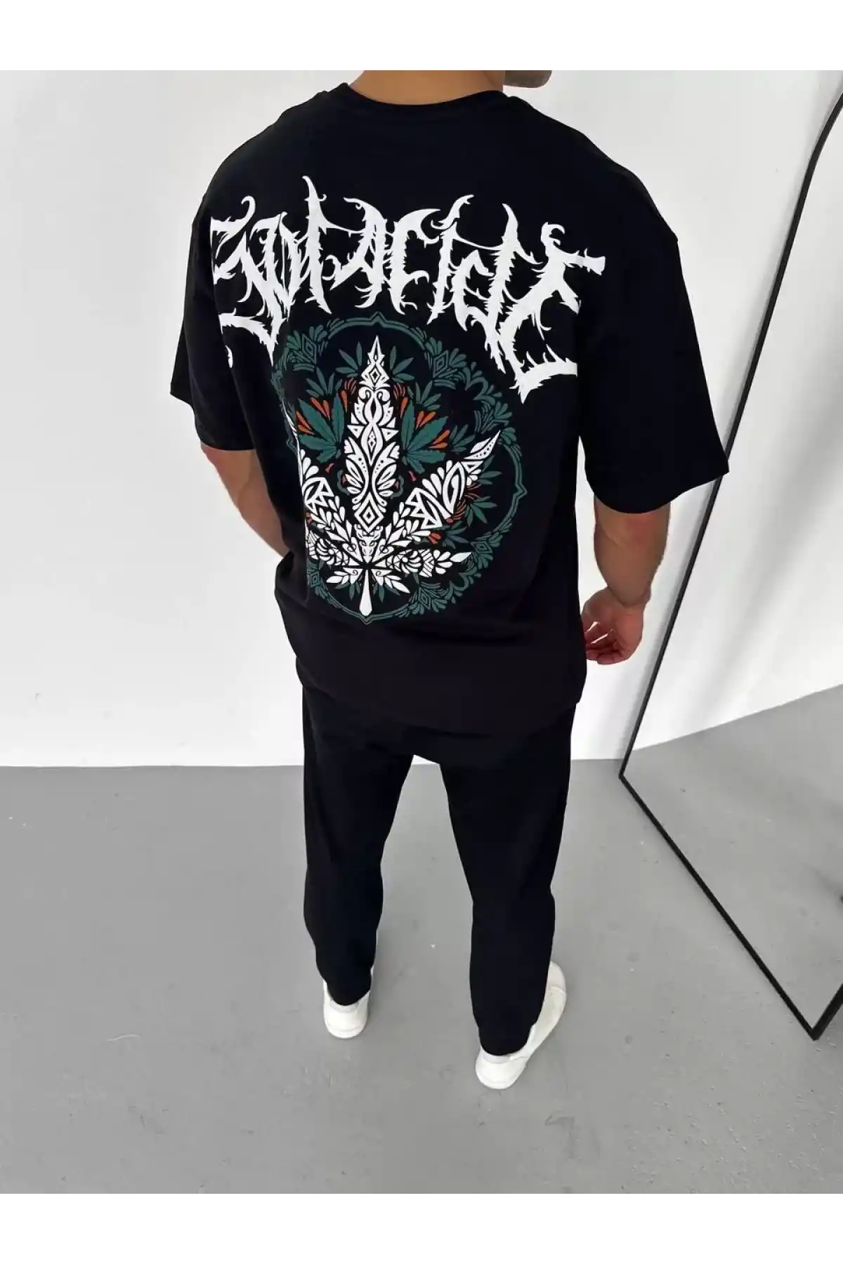 Unisex Bisiklet Yaka Baskılı Oversize T-Shirt - Siyah