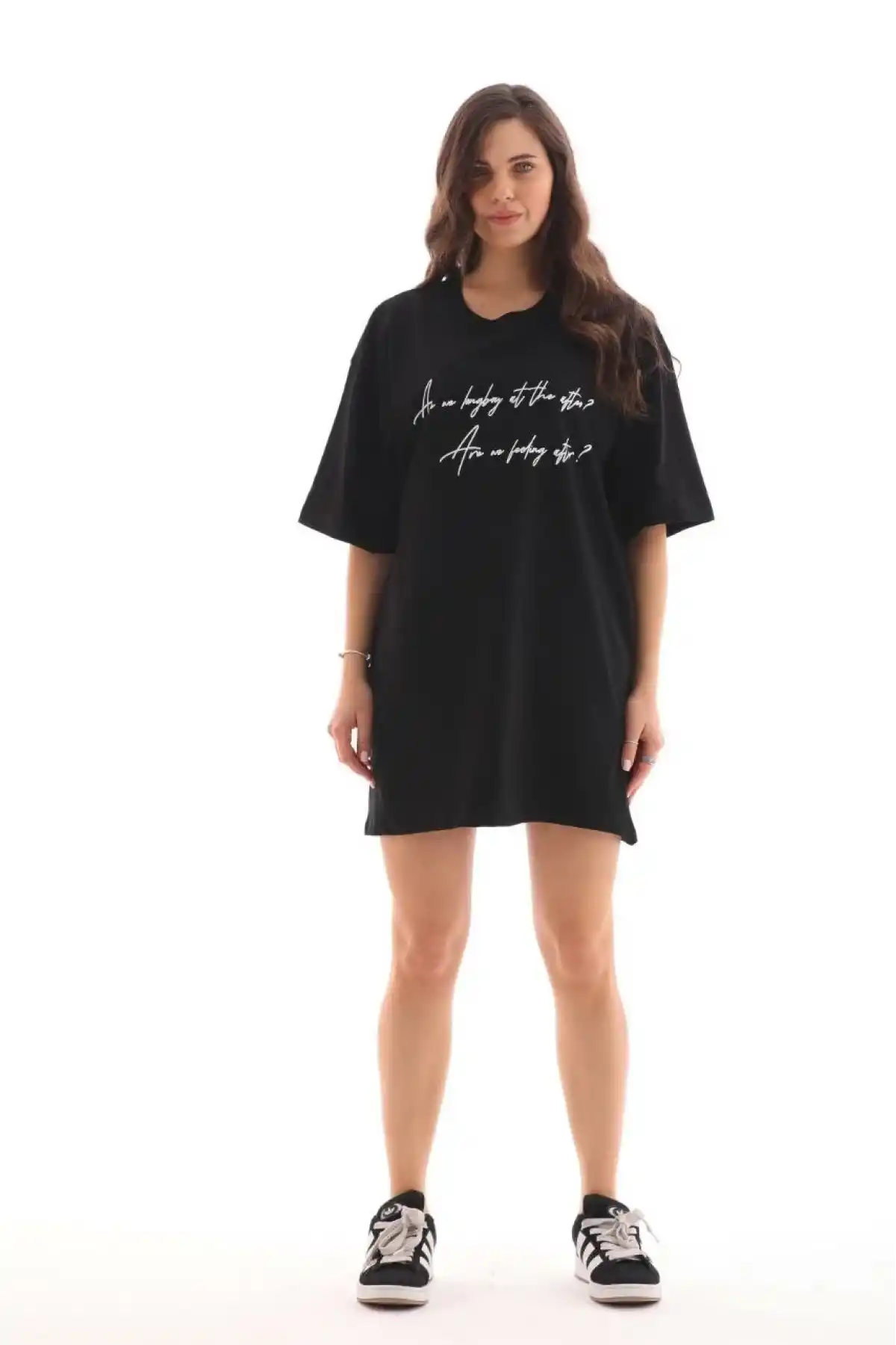 kadın Bisiklet Yaka Baskılı Oversize T-Shirt - Siyah