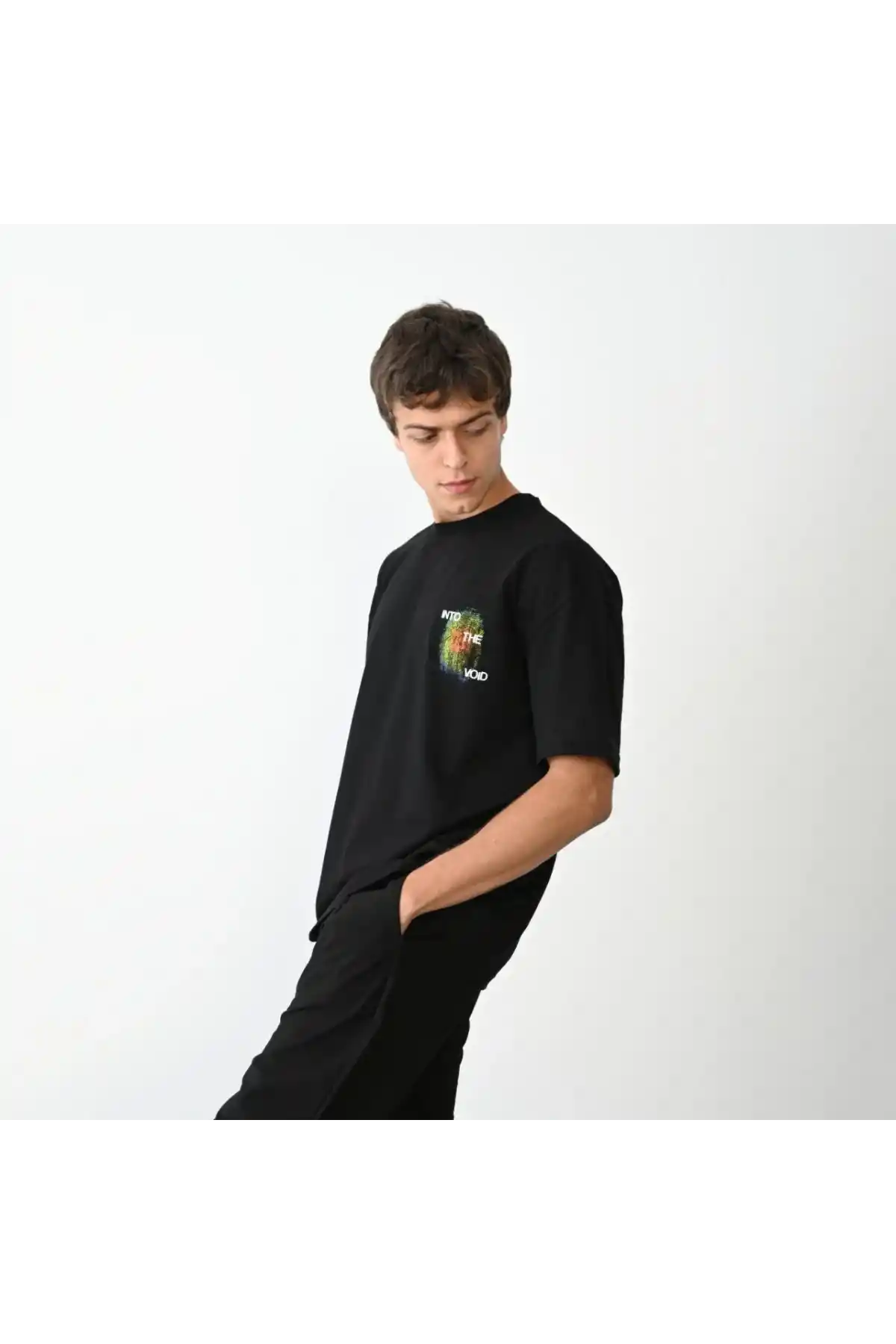 Unisex Bisiklet Yaka Baskılı Oversize T-Shirt - Siyah