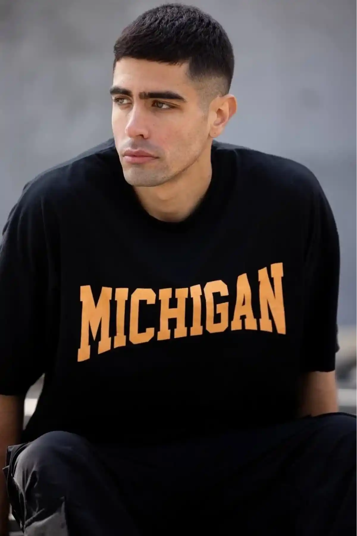 Unisex Bisiklet Yaka Baskılı Oversize T-Shirt - Siyah