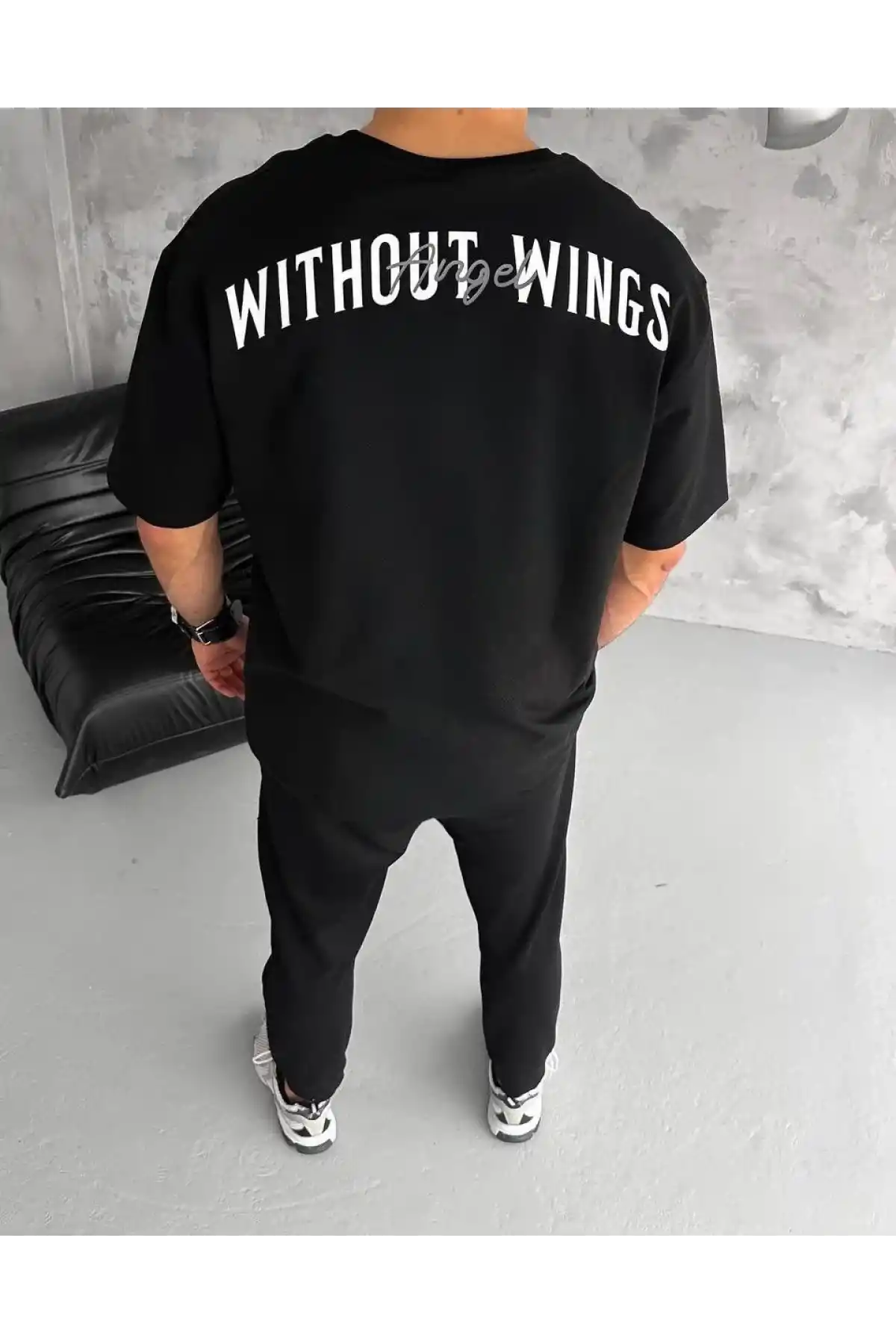 Unisex Bisiklet Yaka Baskılı Oversize T-Shirt - Siyah