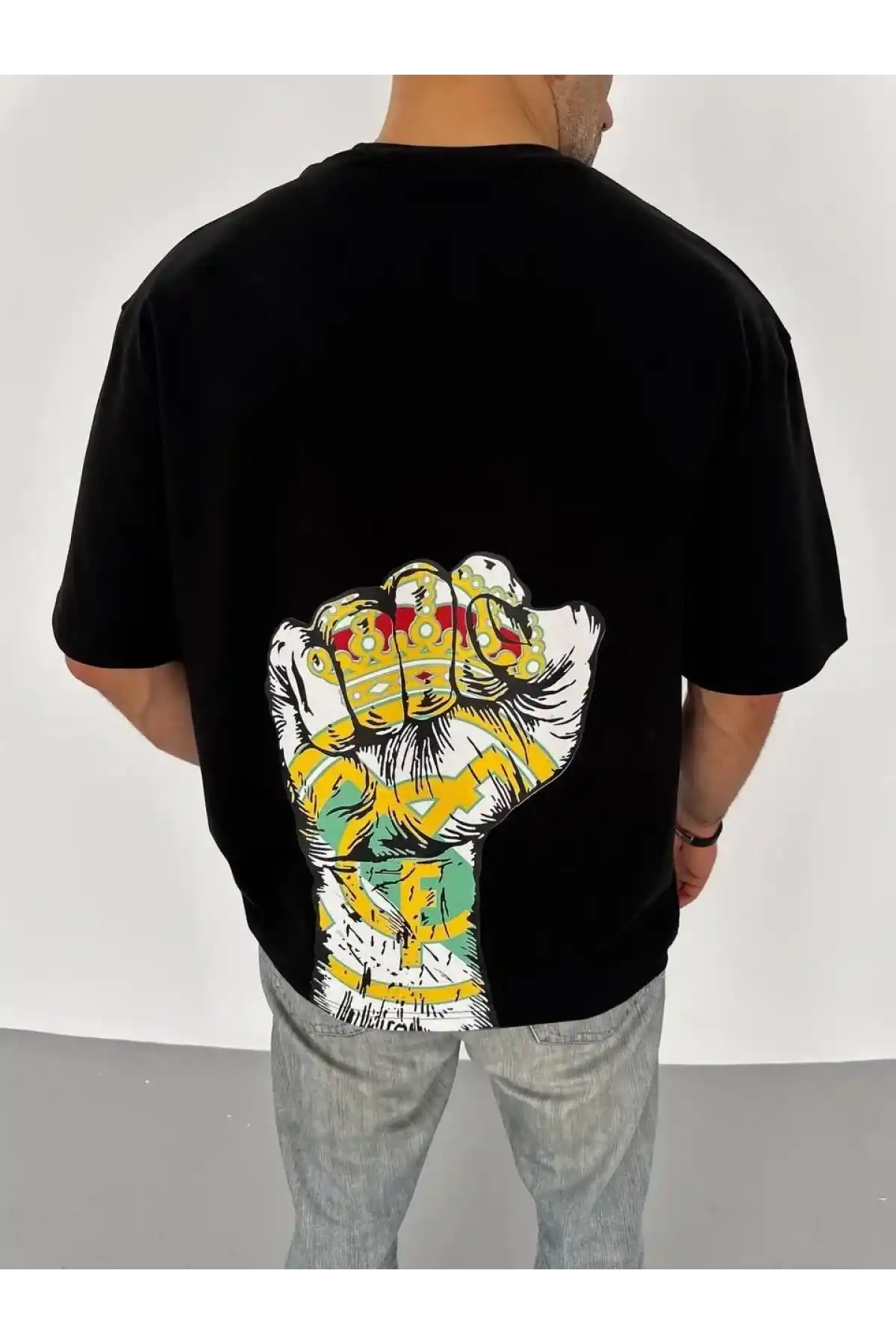 Unisex Bisiklet Yaka Baskılı Oversize T-Shirt - Siyah