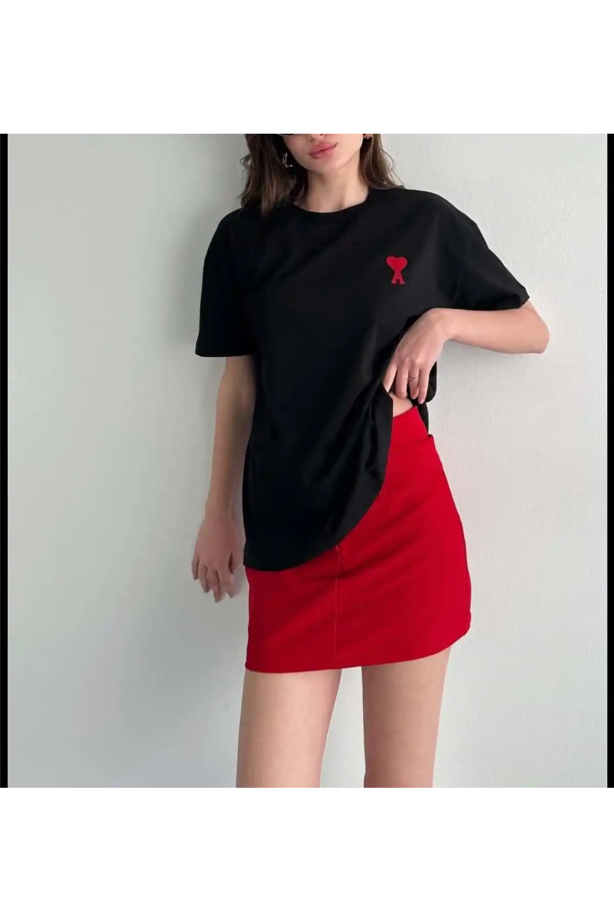 kadın  Bisiklet Yaka Baskılı Oversize T-Shirt - Siyah