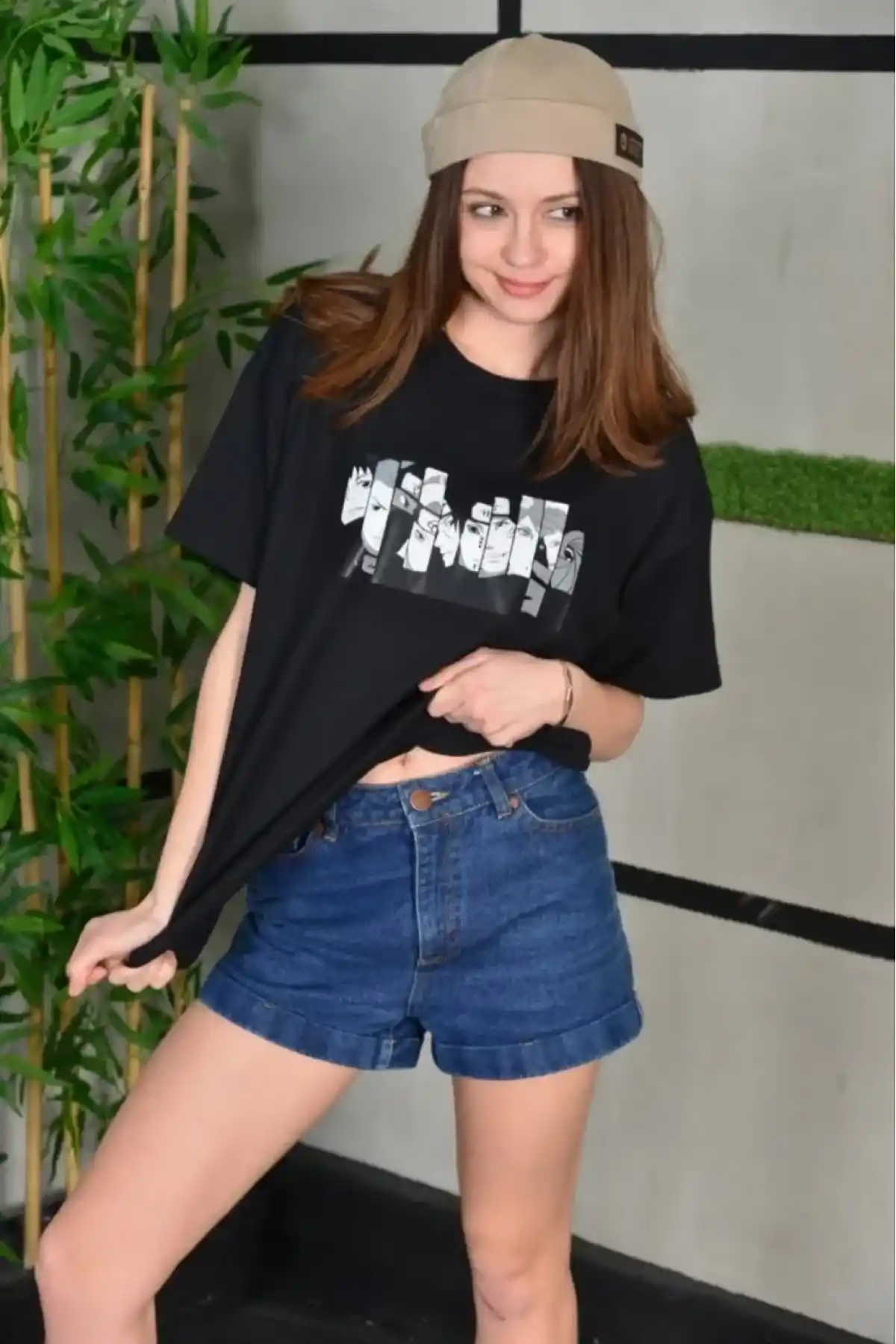 Kadın Bisiklet Yaka Baskılı Oversize T-Shirt - Siyah