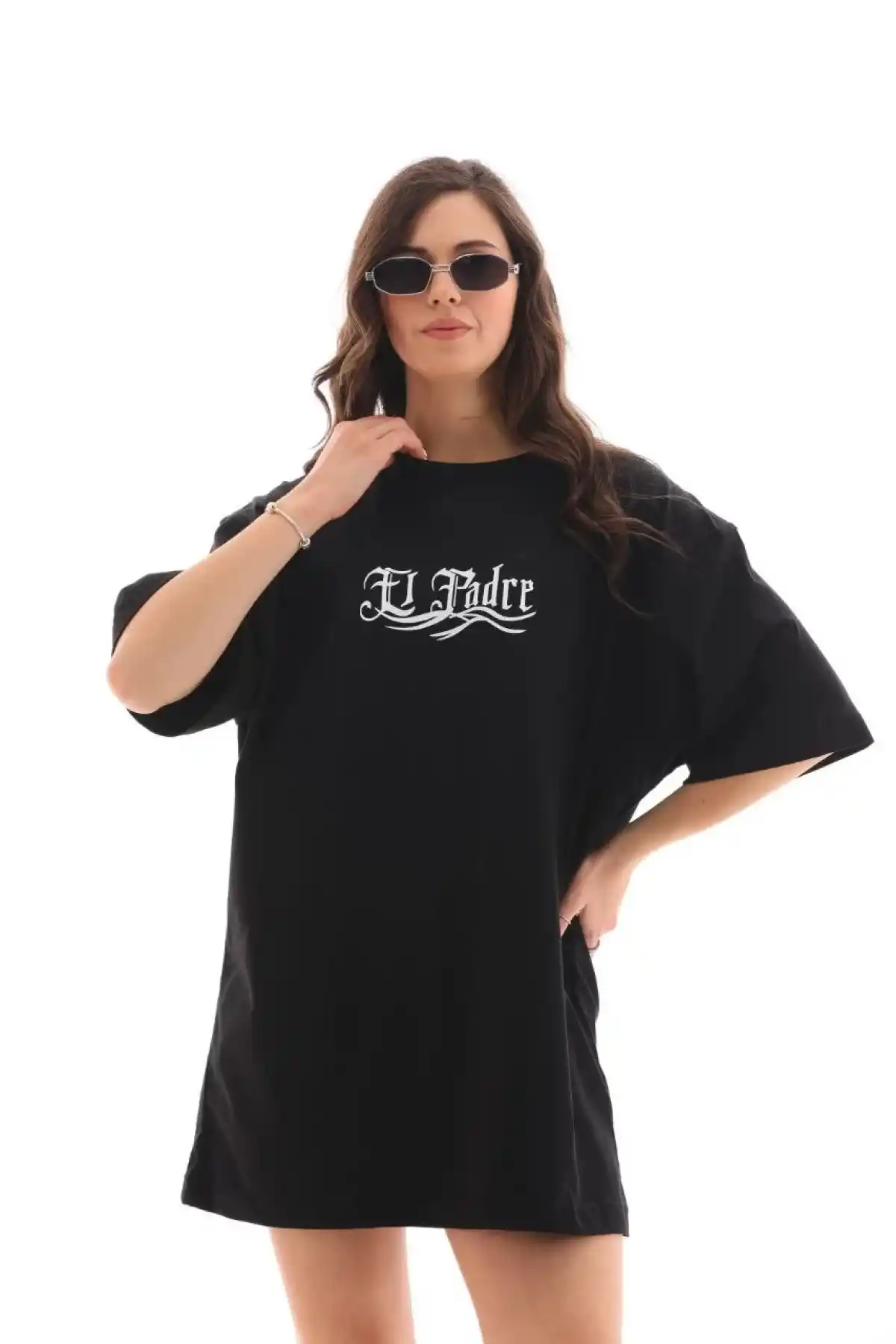 kadın Bisiklet Yaka Baskılı Oversize T-Shirt - Siyah