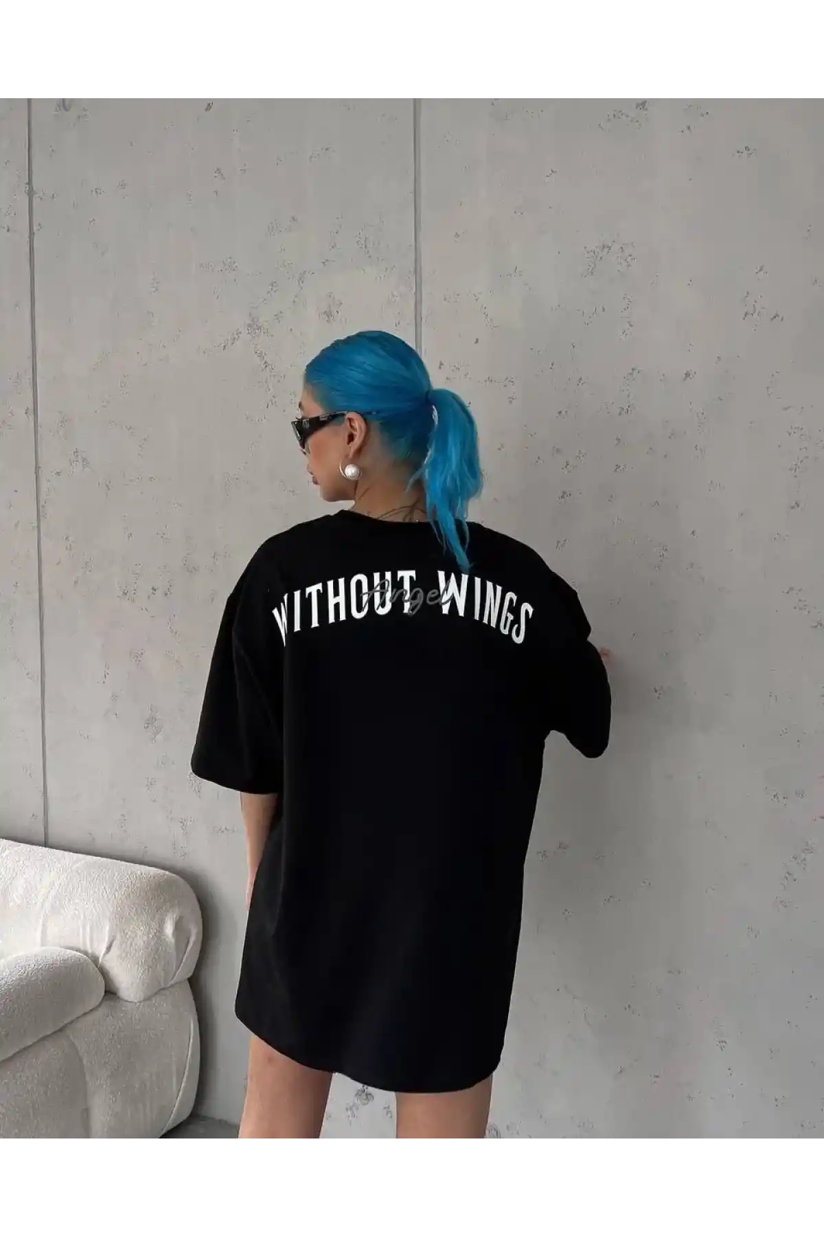 kadın Bisiklet Yaka Baskılı Oversize T-Shirt - Siyah