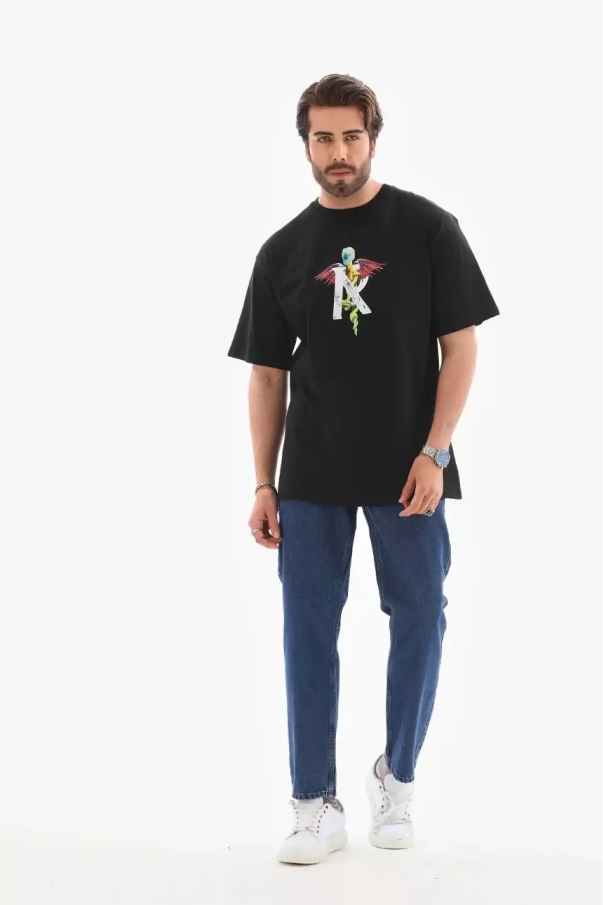 Unisex Bisiklet Yaka Baskılı Oversize T-Shirt - Siyah