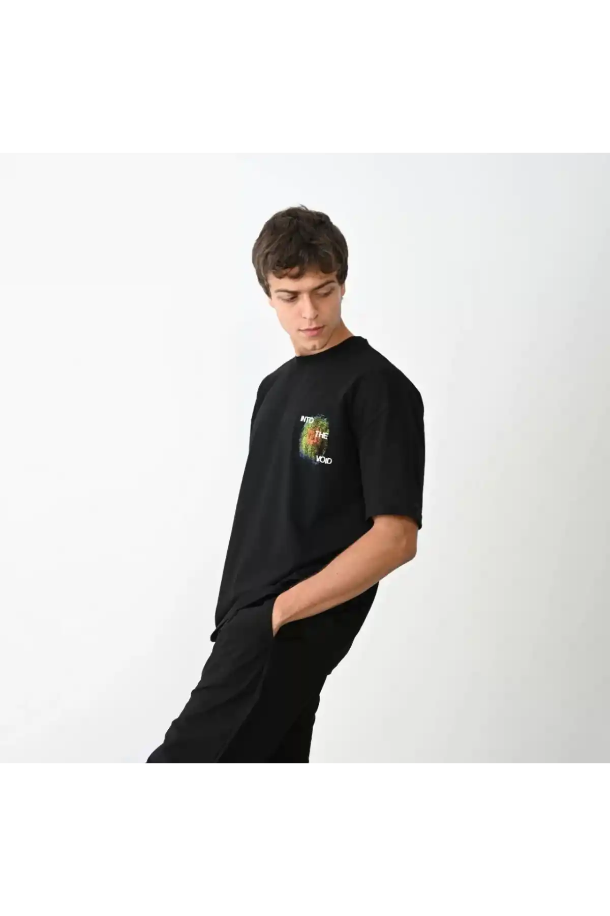 Unisex Bisiklet Yaka Baskılı Oversize T-Shirt - Siyah