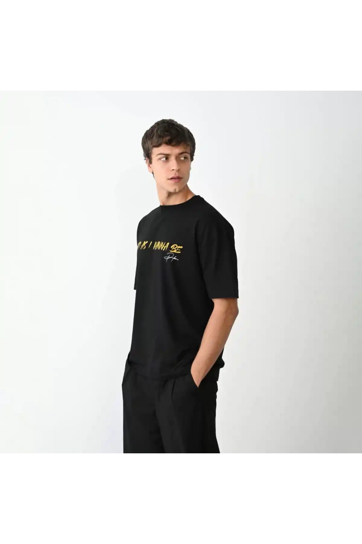 Unisex Bisiklet Yaka Baskılı Oversize T-Shirt - Siyah