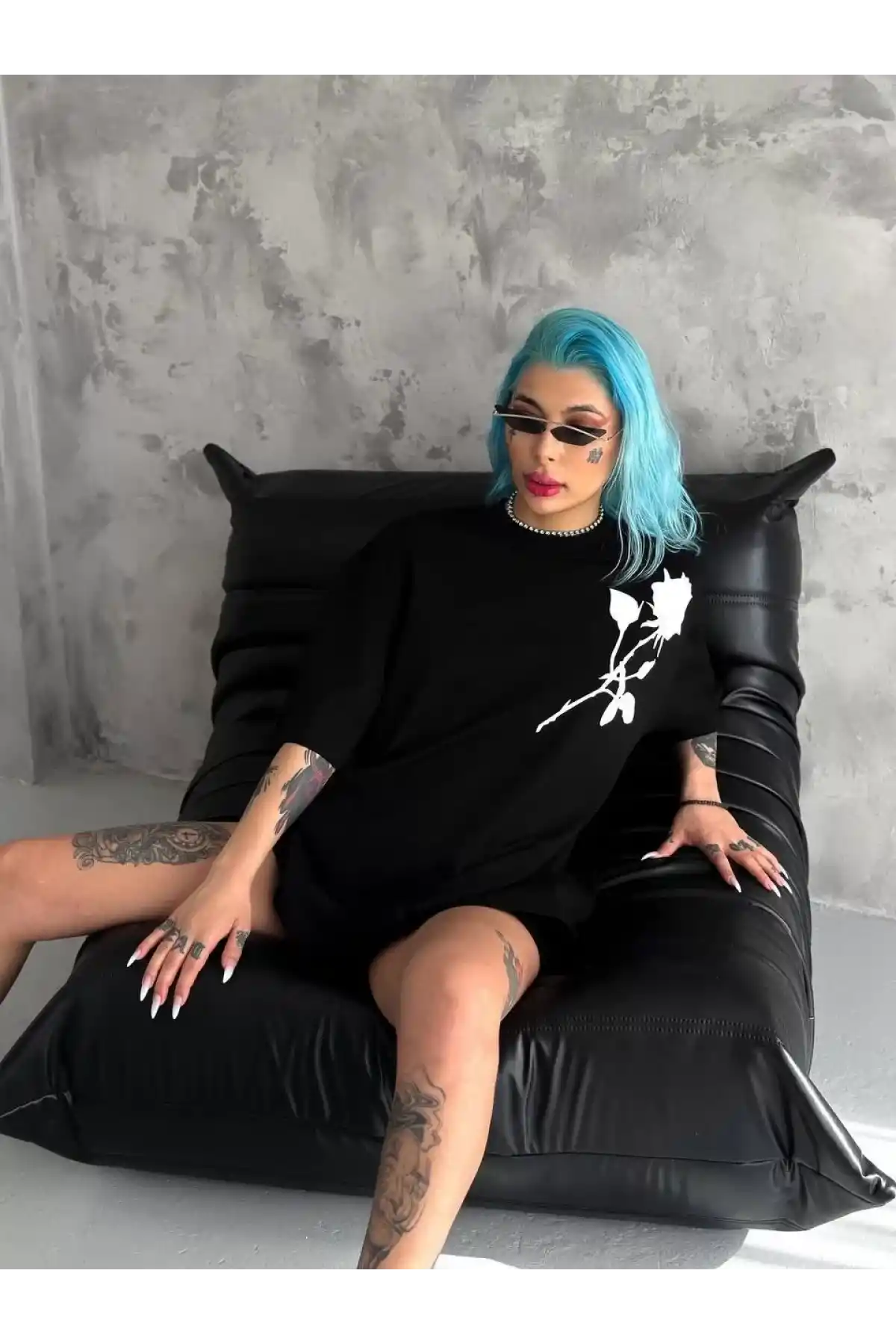 Unisex Bisiklet Yaka Baskılı Oversize T-Shirt - Siyah