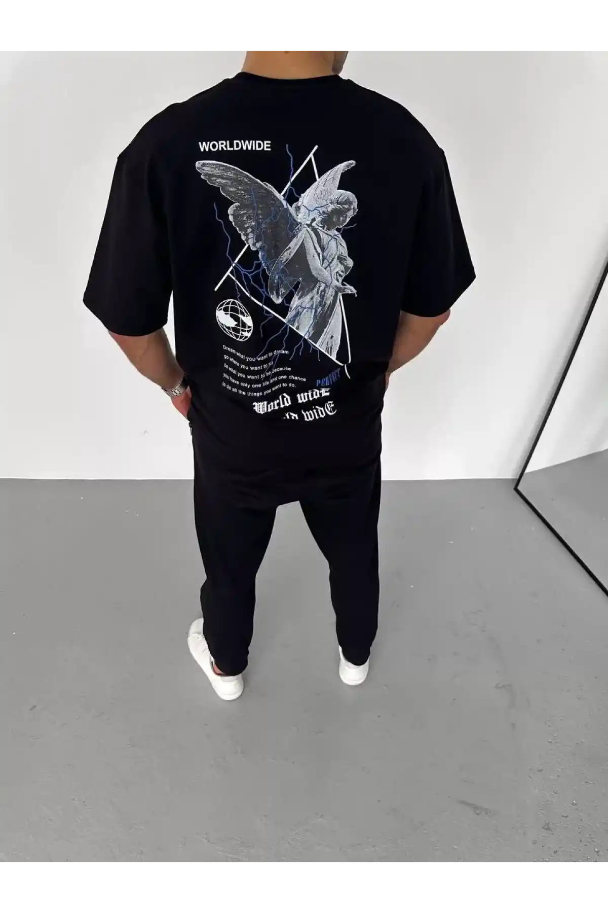 Unisex Bisiklet Yaka Baskılı Oversize T-Shirt - Siyah