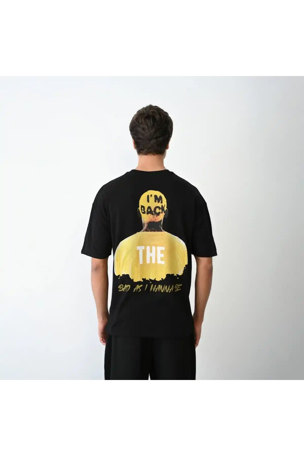 Unisex Bisiklet Yaka Baskılı Oversize T-Shirt - Siyah