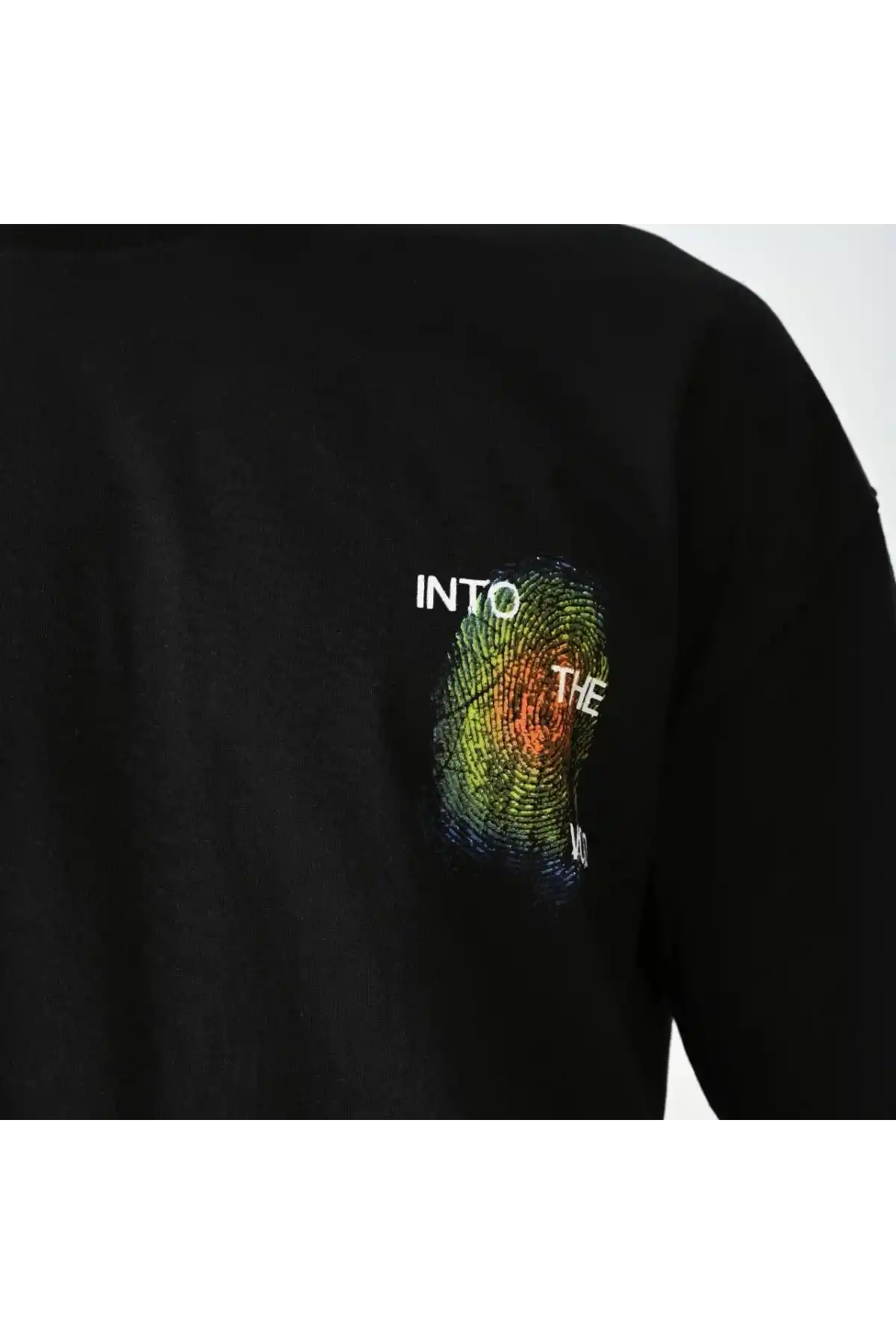 Unisex Bisiklet Yaka Baskılı Oversize T-Shirt - Siyah