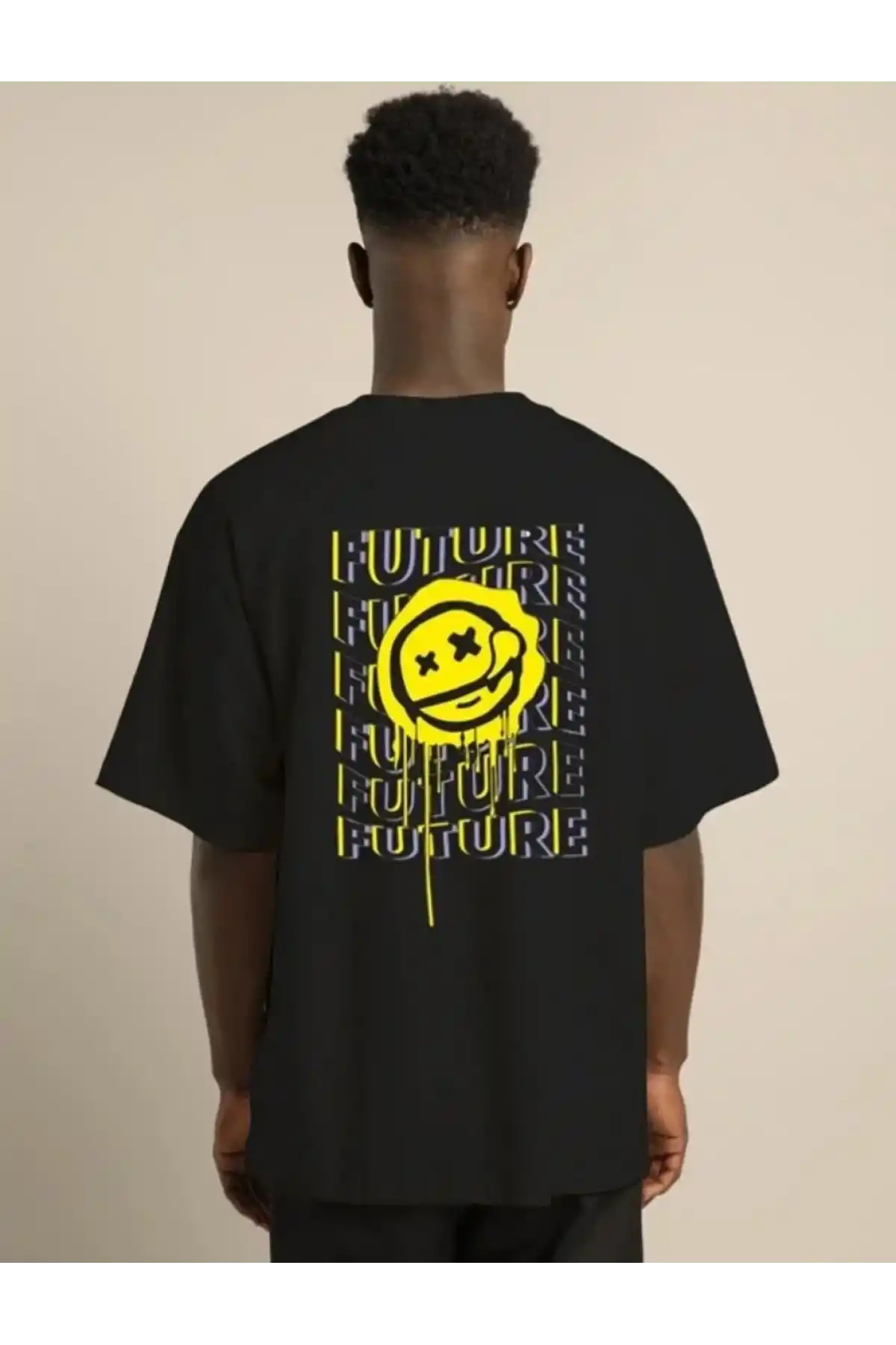 Unisex Bisiklet Yaka Baskılı Oversize T-Shirt - Siyah