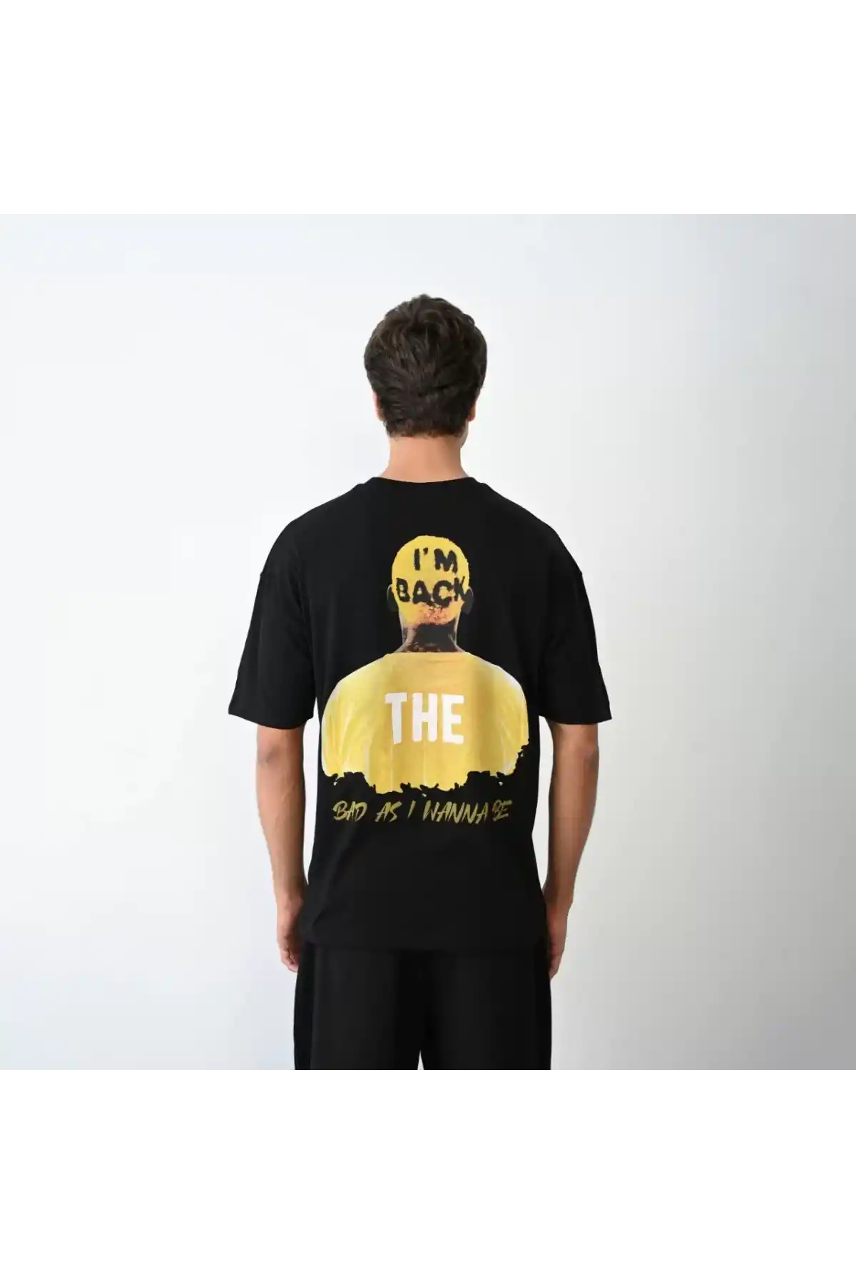 Unisex Bisiklet Yaka Baskılı Oversize T-Shirt - Siyah