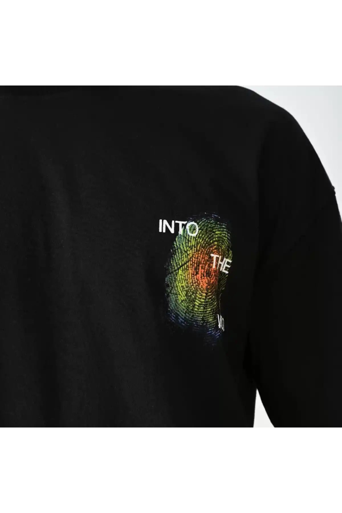 Unisex Bisiklet Yaka Baskılı Oversize T-Shirt - Siyah