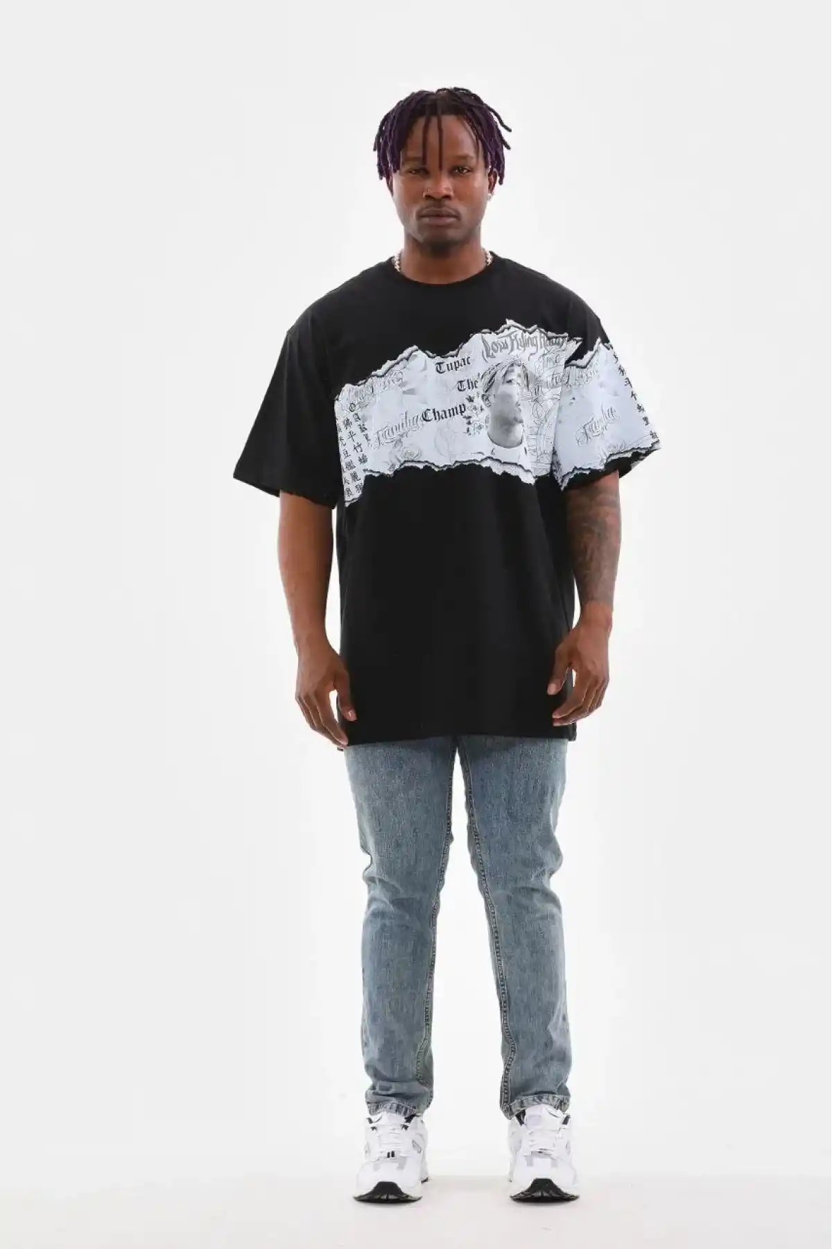 Erkek  Bisiklet Yaka Baskılı Oversize T-Shirt - Siyah