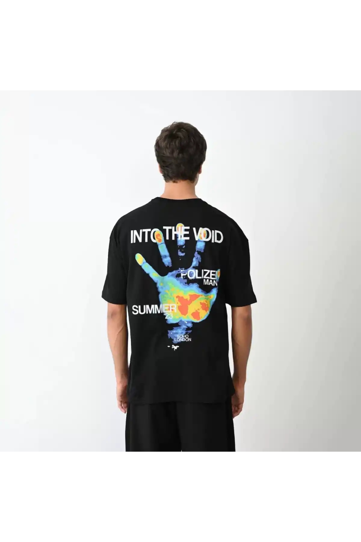 Unisex Bisiklet Yaka Baskılı Oversize T-Shirt - Siyah