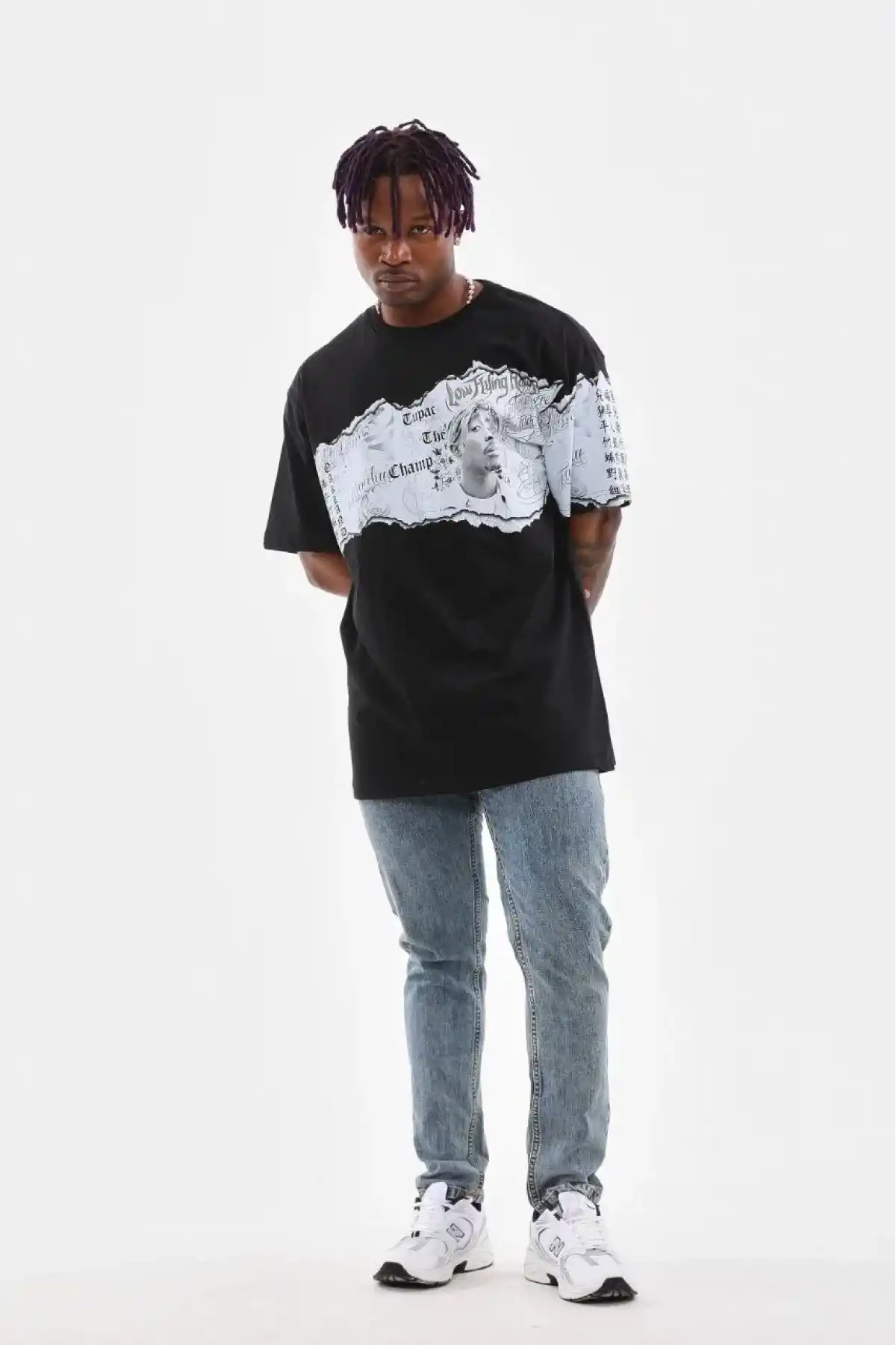 Erkek  Bisiklet Yaka Baskılı Oversize T-Shirt - Siyah