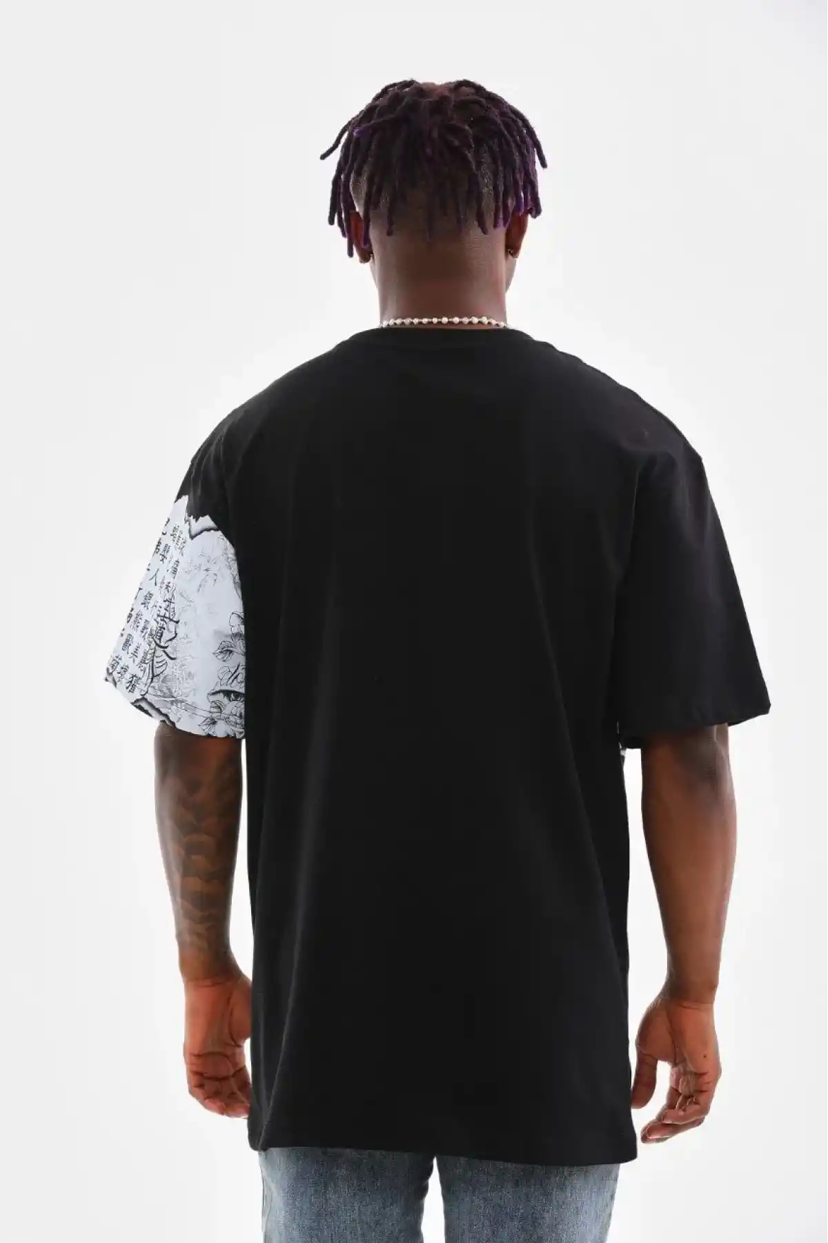 Erkek  Bisiklet Yaka Baskılı Oversize T-Shirt - Siyah