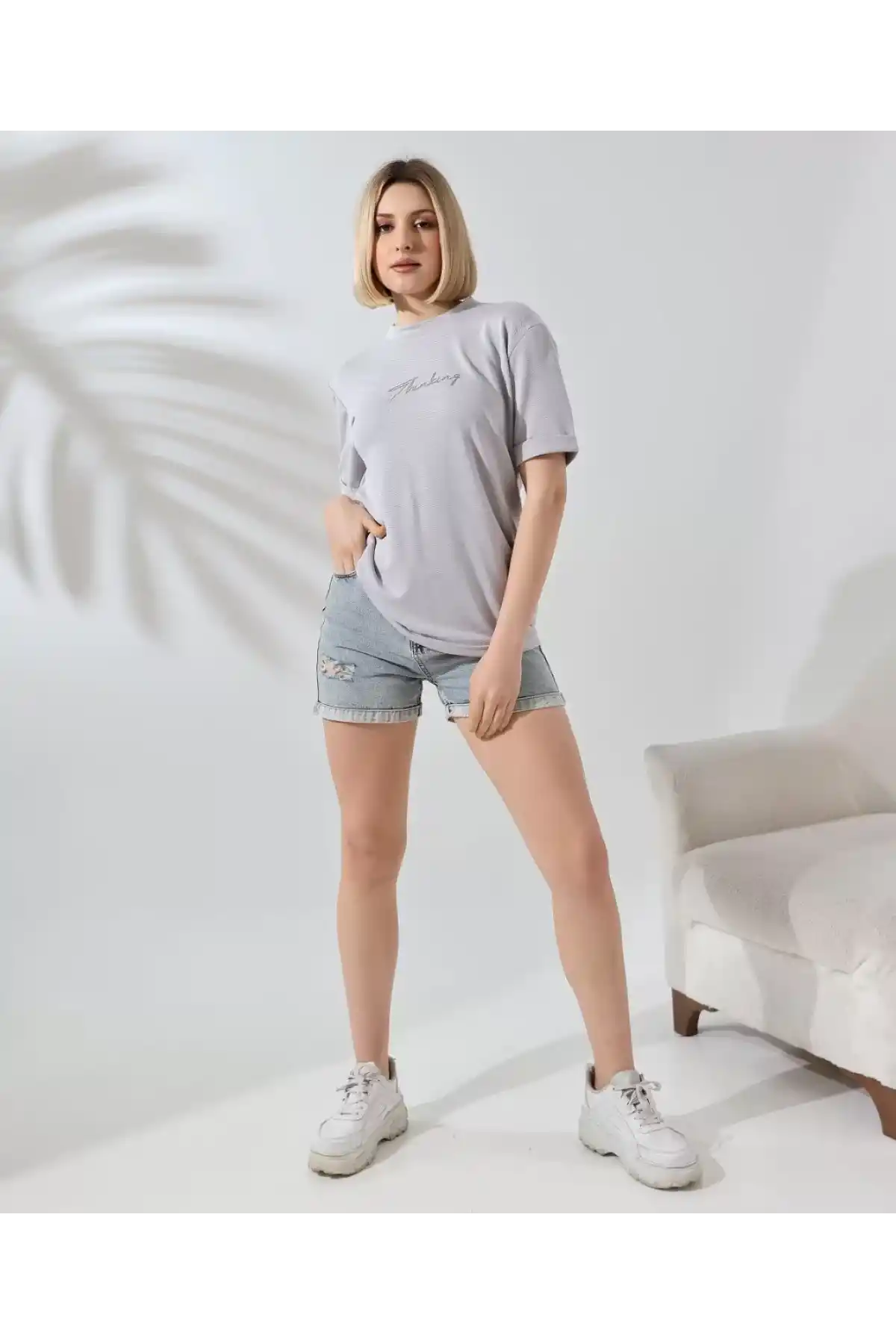 Unisex Bisiklet Yaka Baskılı Slim Fit T-Shirt - Boyalı Gri